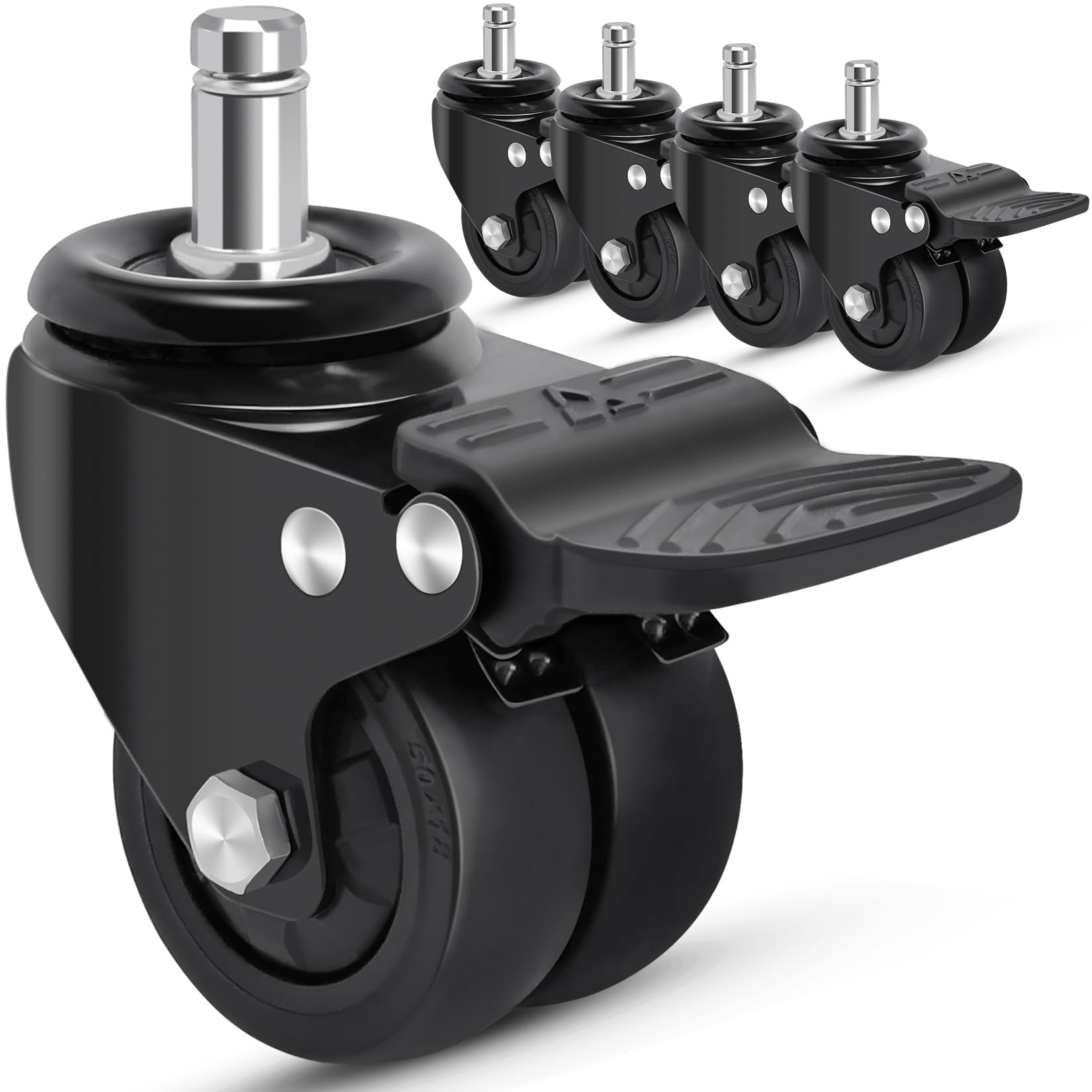 **Heavy Duty 2 Inch Office Chair Caster Wheels with Brake - 11mm Stem, 750lbs Capacity (Set of 5) - Universal Fit, Quiet Rubber Rollers for Hardwood & Carpet Floors - Perfect for Home Office, Conference Rooms & Workspaces**