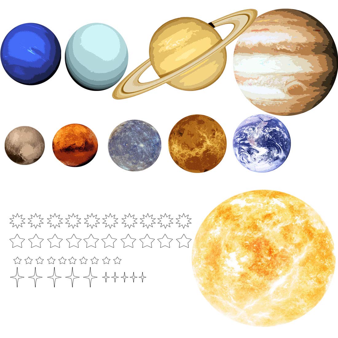 VWAQ Solar System Wall Decals - Peel and Stick Planets, Outer Space Universe Stickers for Kids Room Decor (Large 44