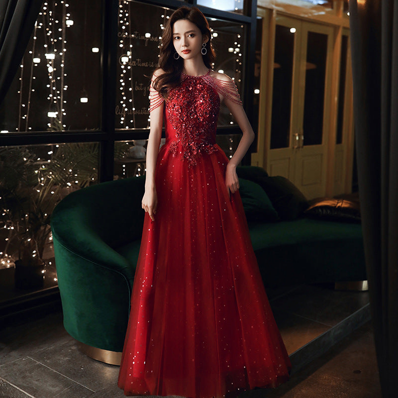 Elegant Burgundy Tulle Prom Dress with Beading - Formal Evening Gown for Homecoming, Quinceañera & Special Occasions