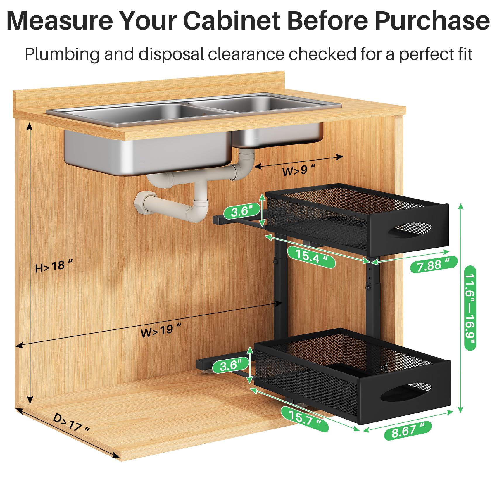 2-Tier Under Sink Organizer Set of 2 - Pull Out Mesh Cabinet Baskets with Sliding Drawers for Kitchen, Bathroom & Pantry Storage | Space Saving Sink Shelf Organizer for Home & Office Use (Black)