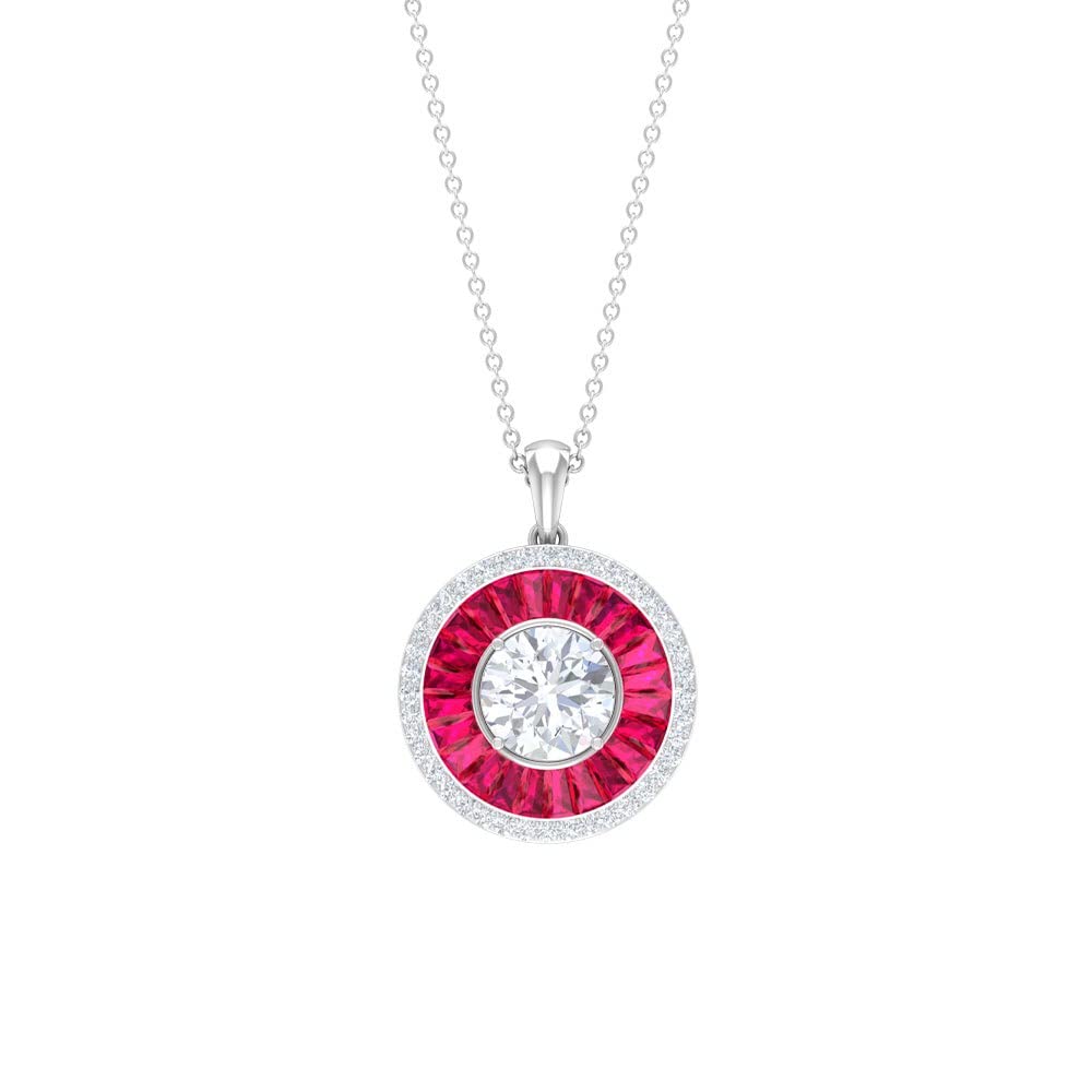 12.75 CT Created Ruby & Zircon Double Halo Pendant Necklace - 14K Solid Gold Women's Jewelry for Anniversary, Birthday & Special Occasion Gifts