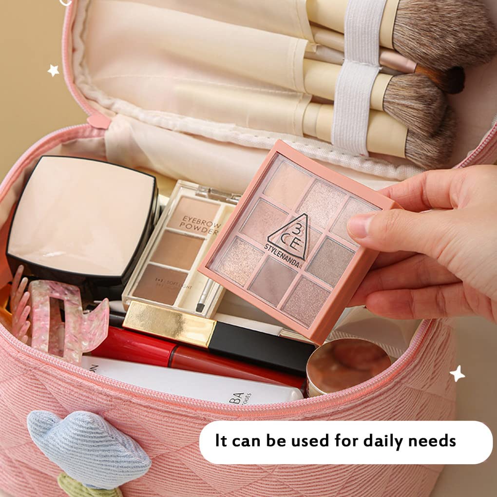 ACMEDE 3D Tulip Flower Makeup Bag for Women - Large Capacity Travel Cosmetic Organizer with Zipper, Corduroy Toiletry Bag for Girls | Perfect for Travel, Gym & Daily Beauty Storage (Beige)