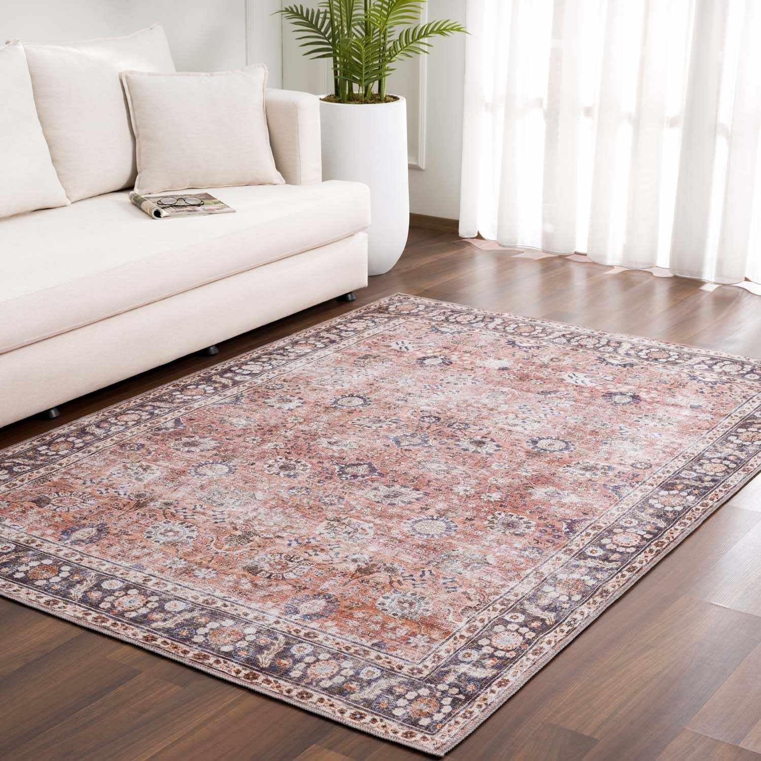 Machine Washable Vintage Distressed Oriental Floral Area Rug - 6'7
