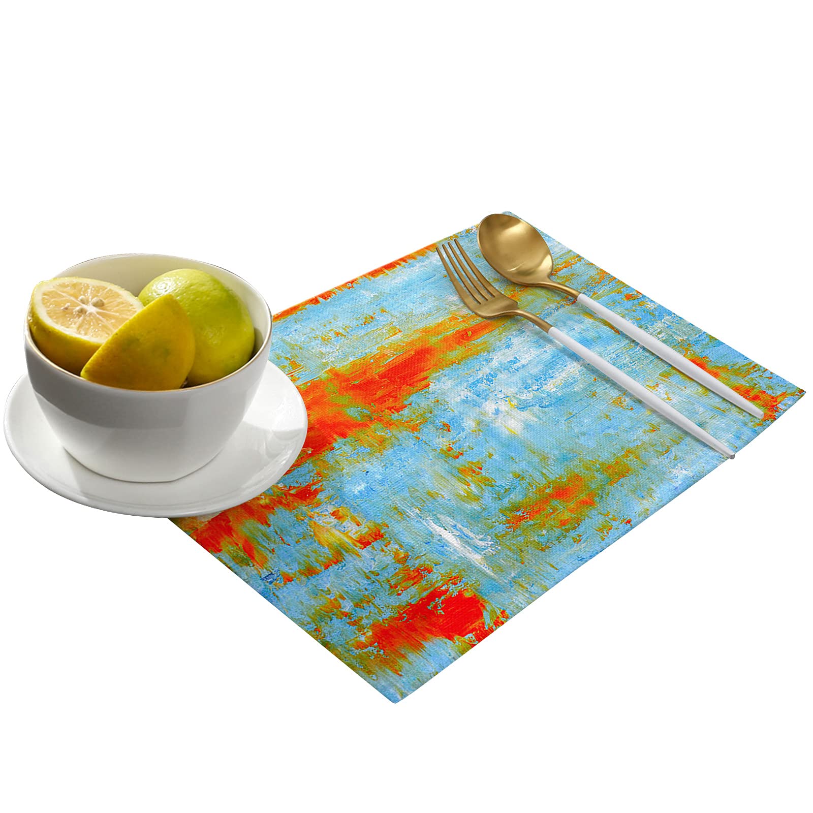 Abstract Geometric Graffiti Art Cotton Linen Placemats Set of 4 - Orange Red Blue Oil Painting Design for Square/Rectangle/Round Dining Tables - Waterproof Kitchen Table Mats for Holiday Decor & Dinner Parties