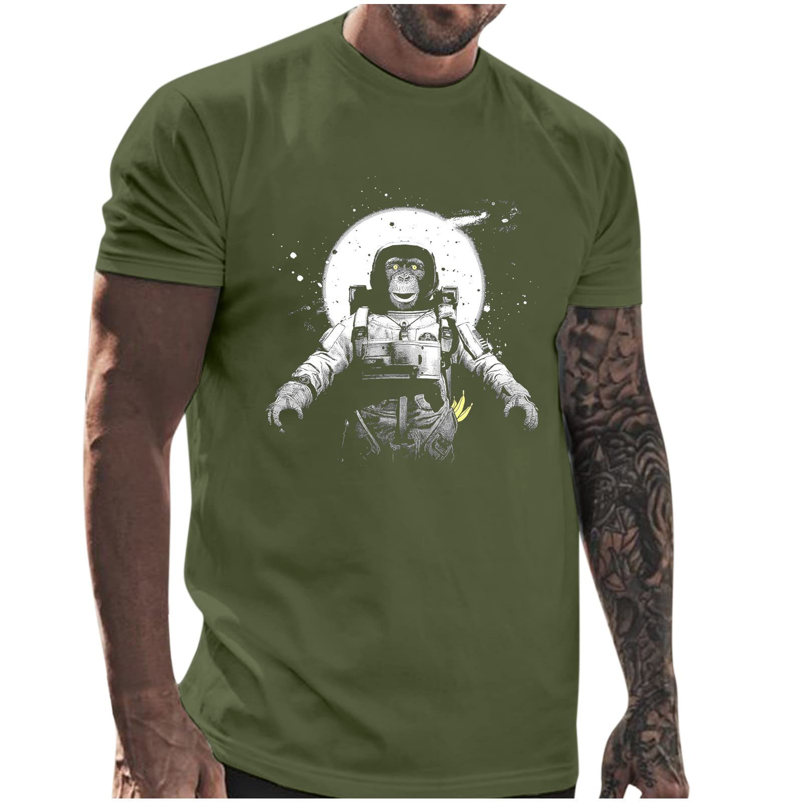 HDDK Men's Funny Space Monkey Print Short Sleeve T-Shirt - Summer Crewneck Casual Tee for Workout, Sports & Everyday Wear