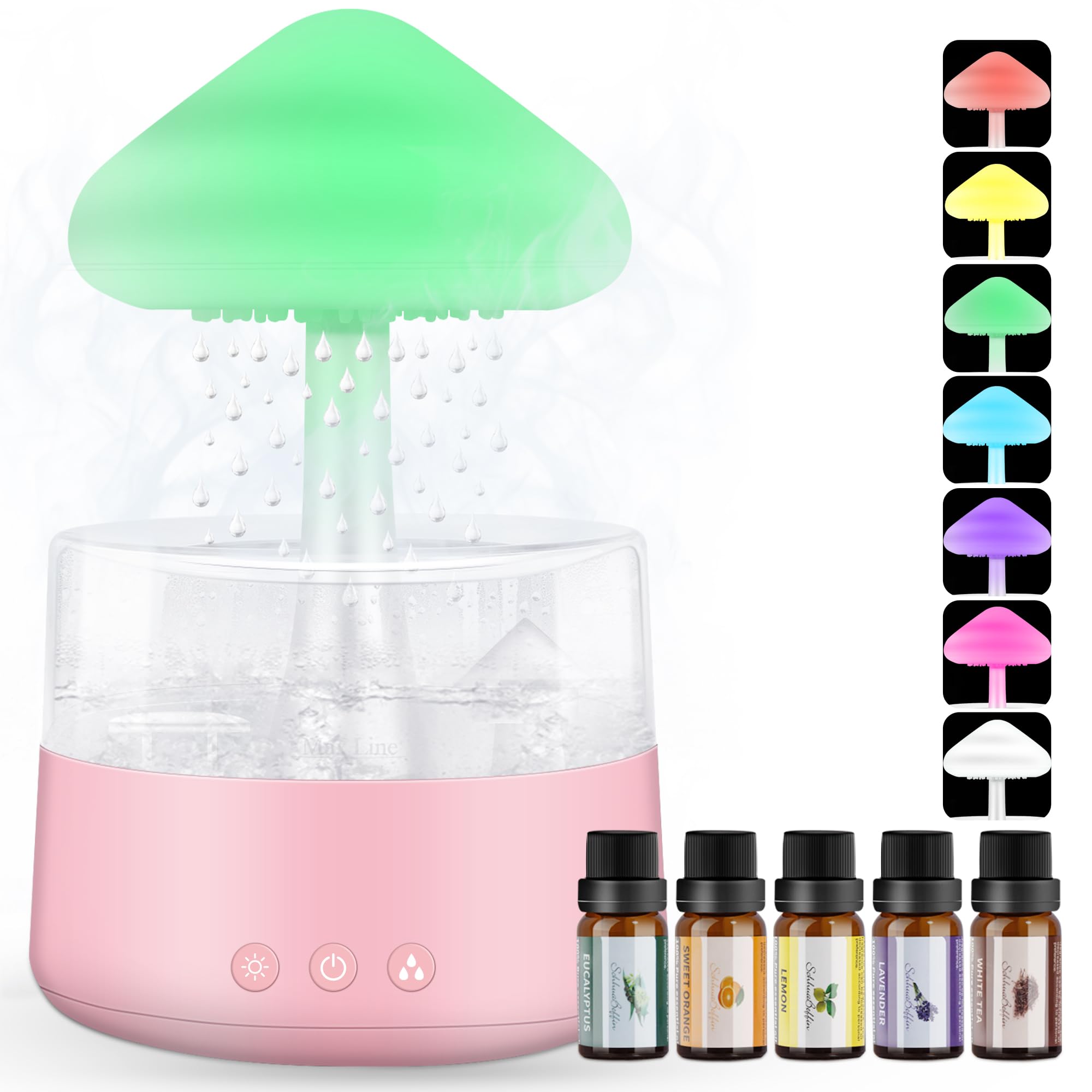 Rain Cloud Humidifier with Essential Oils - 7 Color Changing Night Light, Mushroom Shape Cool Mist Diffuser for Bedroom & Office - Pink Water Drop Sound Humidifier for Relaxation, Baby Nursery & Yoga Room