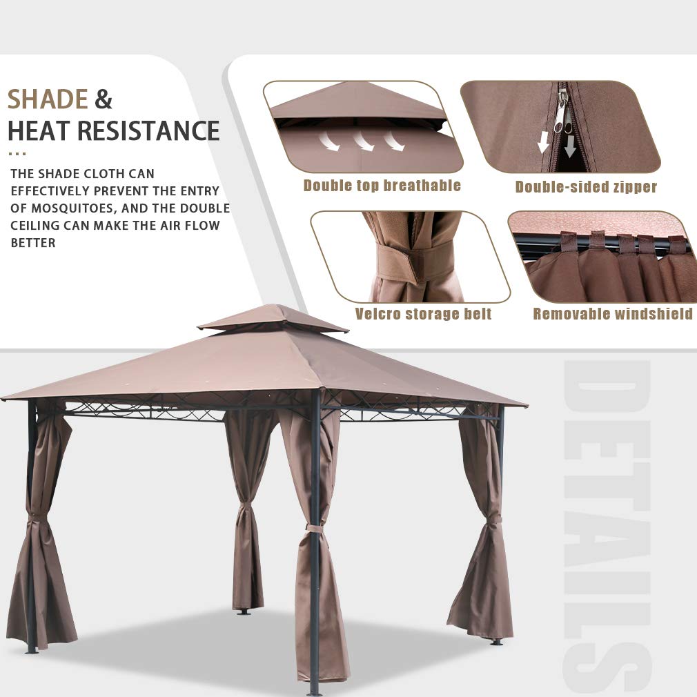 10' x 10' Outdoor Patio Gazebo Tent with Sidewalls - Waterproof Canopy for Backyard, Garden, Camping & Picnic Shelter - Brown