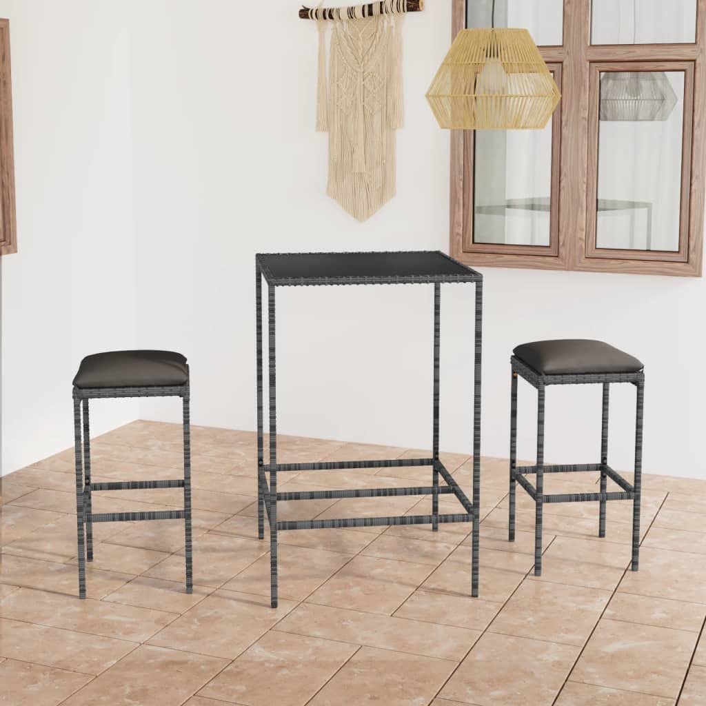 3-Piece Gray Poly Rattan Patio Bar Set with Cushions - Outdoor Dining Furniture for Backyard, Porch, Garden & Poolside - Perfect for Entertaining, Relaxing & Summer Gatherings