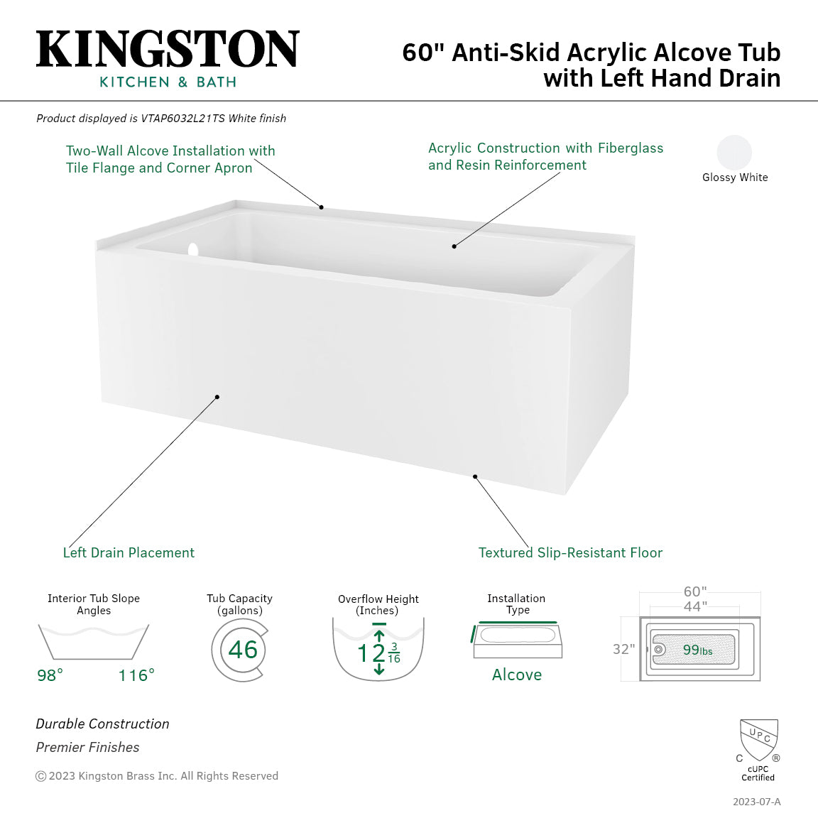 Aqua Eden VTAP6032L21TS 60 Inch Acrylic Rectangular 2 Wall Corner Alcove Bathtub - Left Hand Drain, Glossy White - Perfect for Small Bathrooms & Spa-Like Retreats