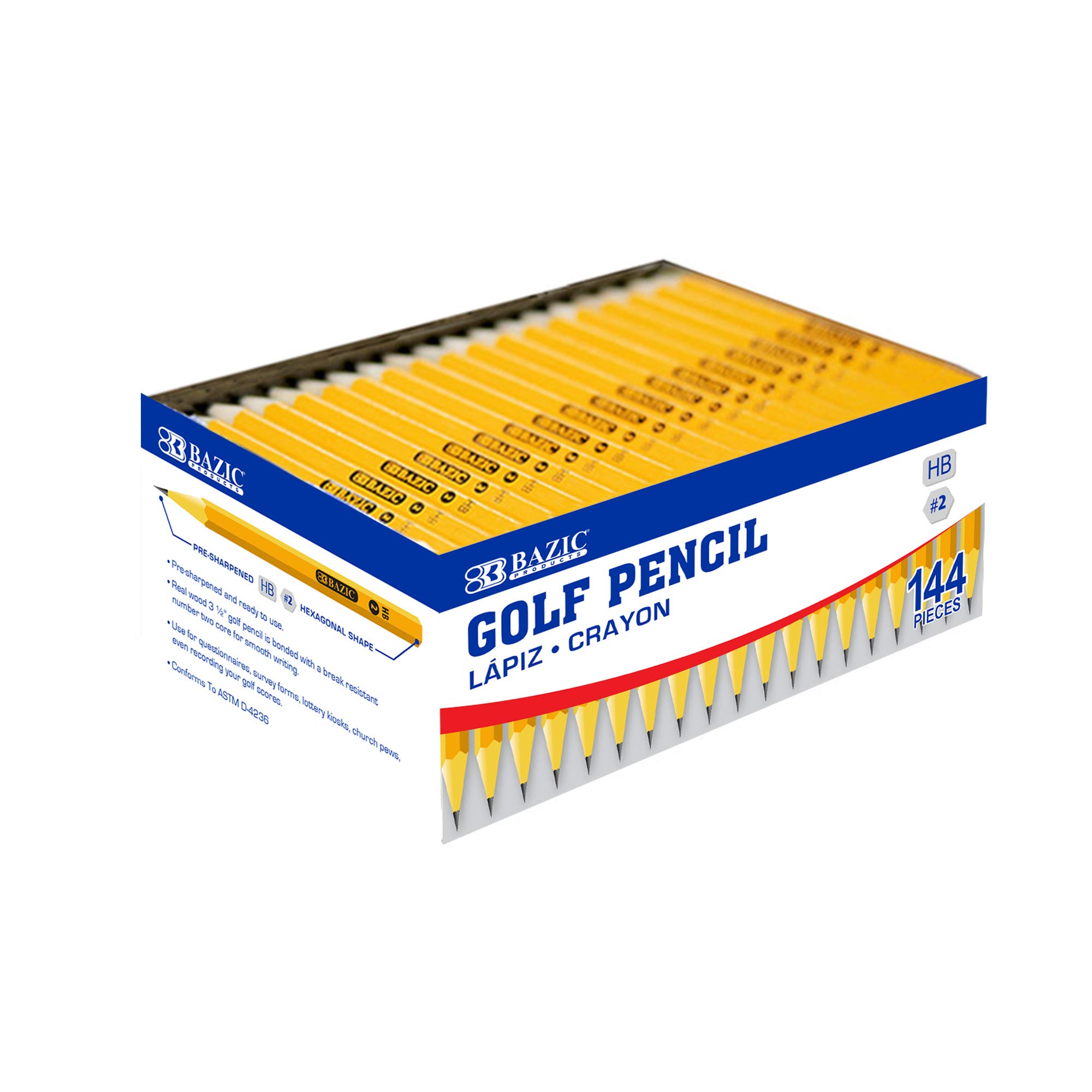 BAZIC #2 HB Pre-Sharpened Yellow Golf Pencils, Bulk 144-Pack (12 Packs) - Perfect for Schools, Offices, Exams & Scorekeeping