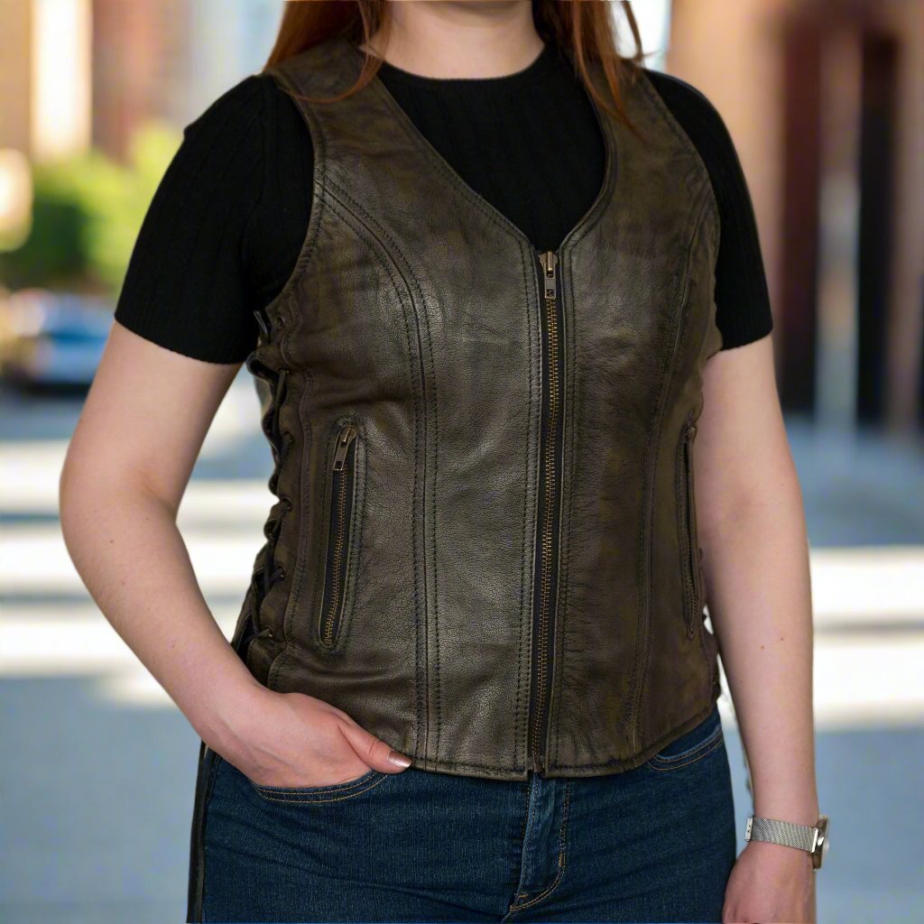 Women's Distressed Brown Faux Leather Vest - Stylish Open Road Biker Jacket for Casual Outfits & Motorcycle Rides