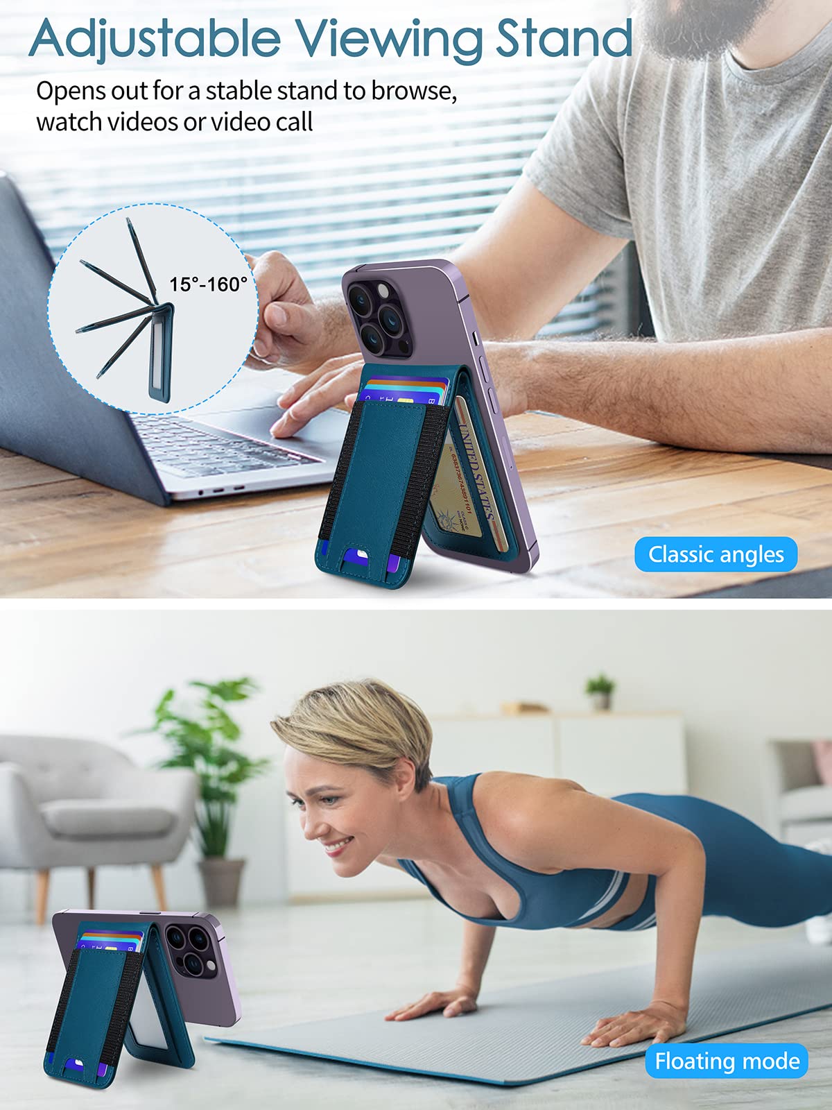 Miroddi Magnetic Phone Wallet with Adjustable Stand - MagSafe Compatible Card Holder for iPhone 16/15/14/13/12 Series (9 Card Capacity, Open ID Window, Vegan Leather, Blue) - Perfect for Travel, Work & Everyday Use