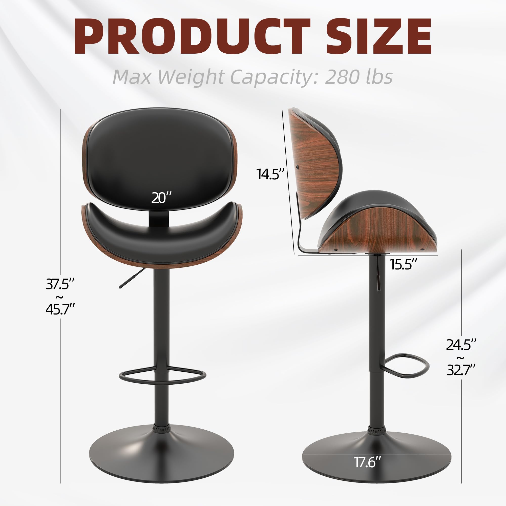 Civama 4-Piece Adjustable Swivel Bar Stool Set - Modern Kitchen Counter Height Stools with Bentwood Seat, Backrest & Footrest - PU Leather Bar Chairs for Kitchen Island, Dining Room, Restaurant & Home Bar Use