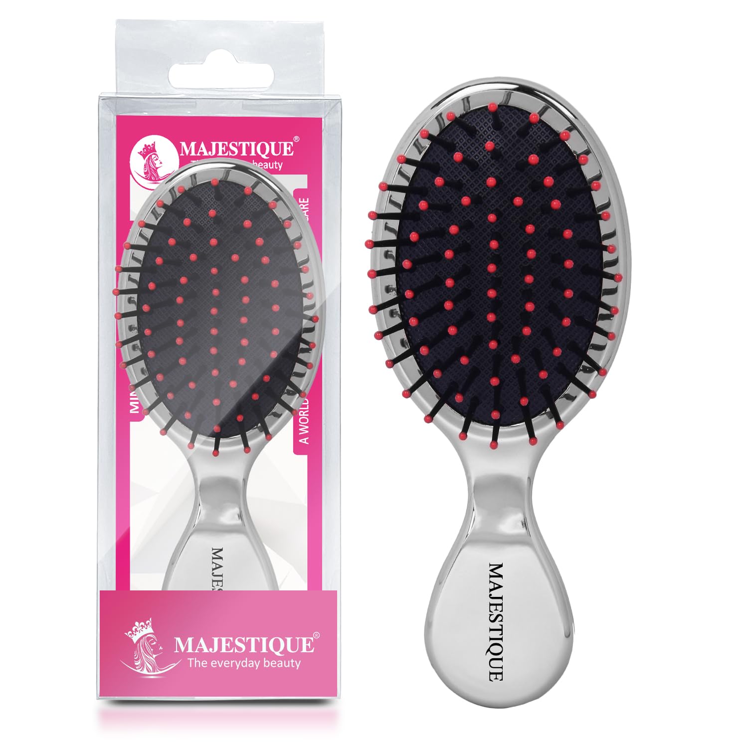 Majestique Mini Pocket Detangling Hair Brush - Soft Ball Tipped Nylon Pins for Gentle Detangling | Handheld Massage Paddle Comb for Adults & Kids | Travel-Friendly for All Hair Types | Perfect for Home, Travel, Gym & On-the-Go Styling (Multicolor)