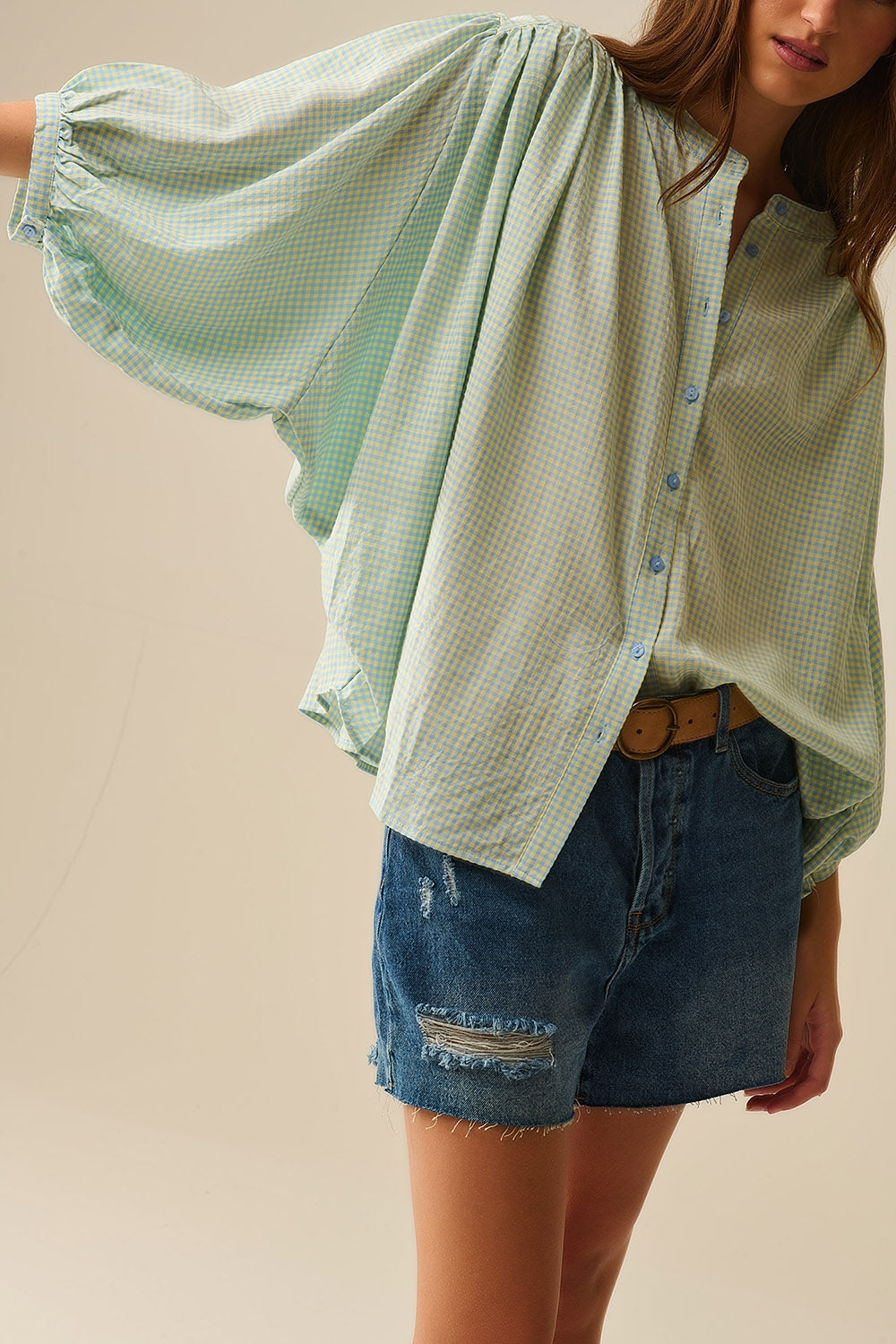 Blue Vichy Check Oversized Shirt for Women - Casual Loose Fit Blouse for Spring & Summer Outfits