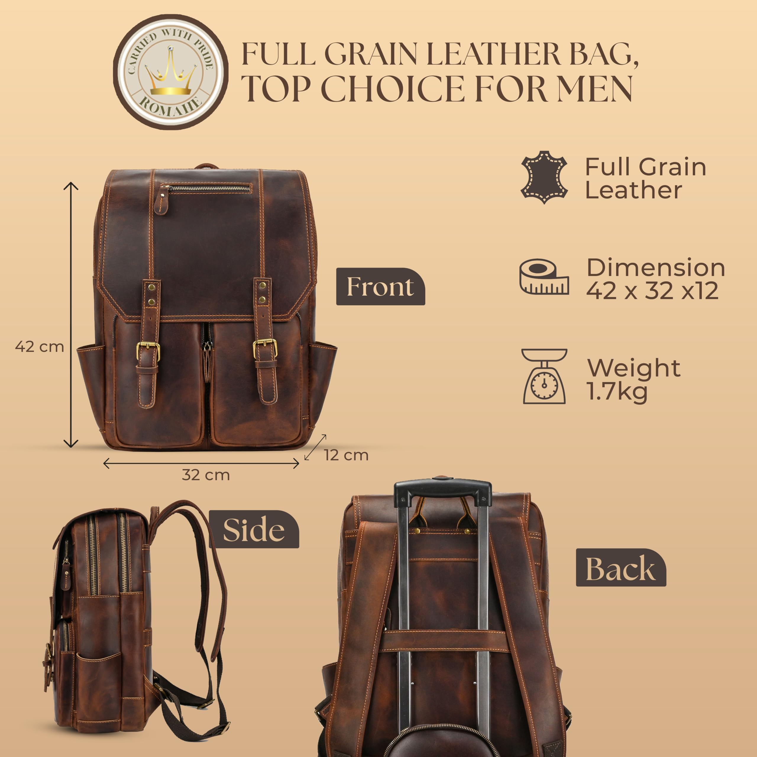 Premium Full Grain Leather Backpack for Men & Women - Large Capacity Travel & Work Backpack with 15.6
