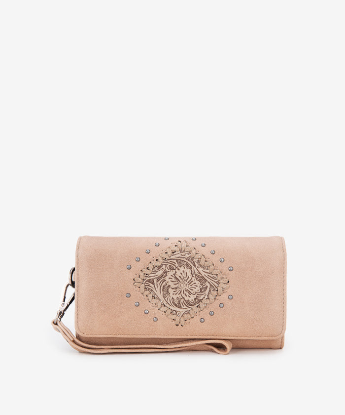 Montana West Genuine Leather Tooled Studded Wristlet Clutch Purse for Women - Perfect for Parties, Weddings & Evening Events