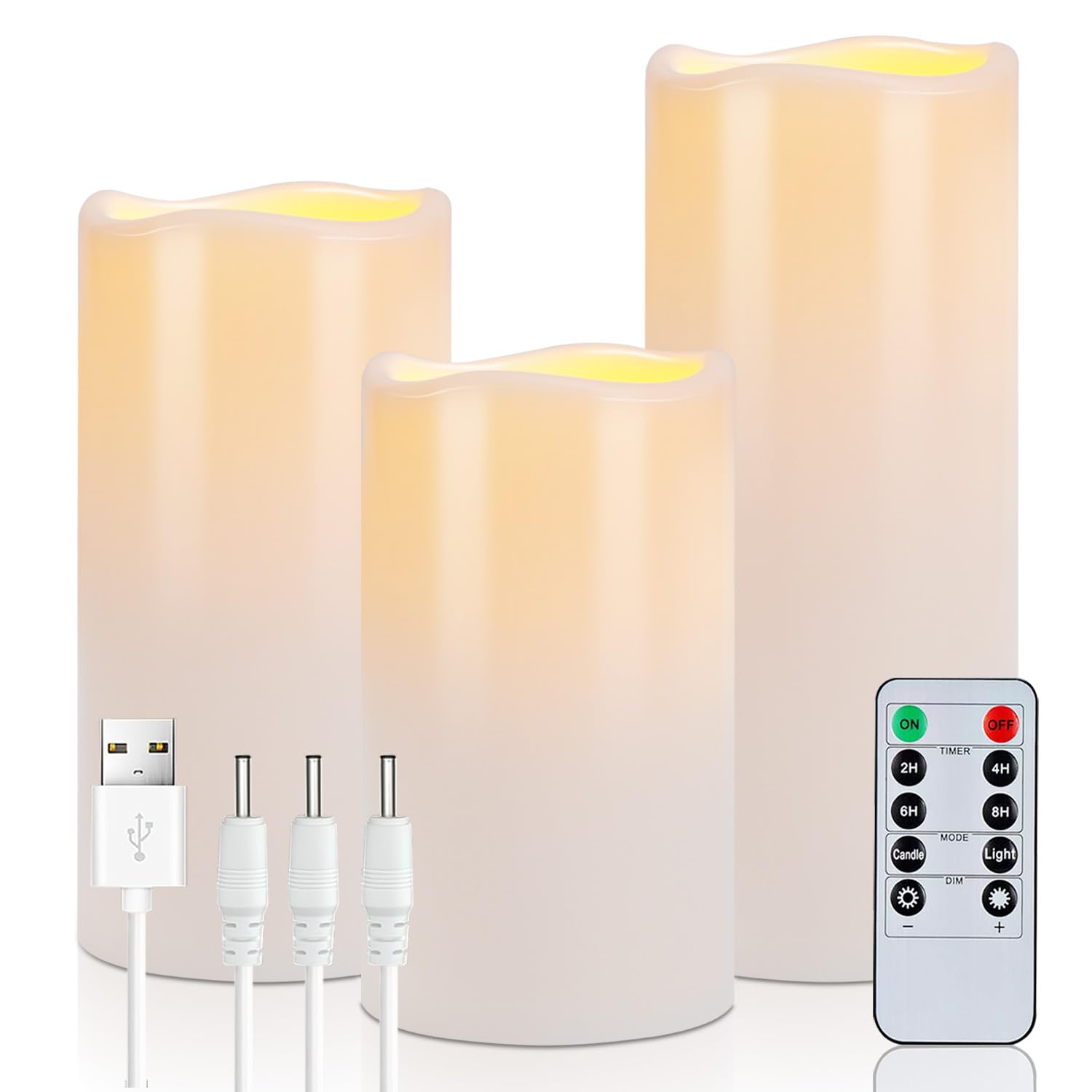 Homemory Rechargeable Flameless LED Candles - Set of 3 Large Outdoor Battery-Operated Fake Candles with Remote Control & Timer (8