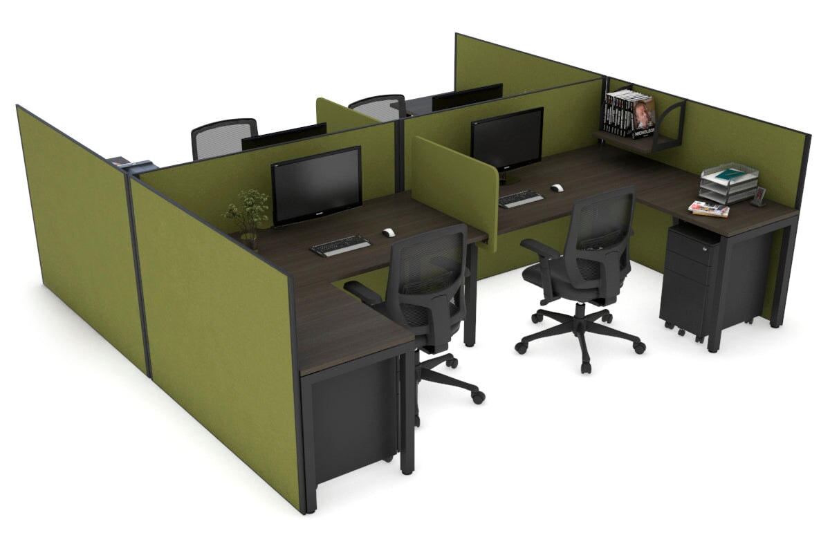 Quadro Square Legs 4-Person Corner Workstation - H Configuration Black Frame (1600L x 1800W with Cable Scallop) | Office & Conference Room Furniture for Collaborative Workspaces