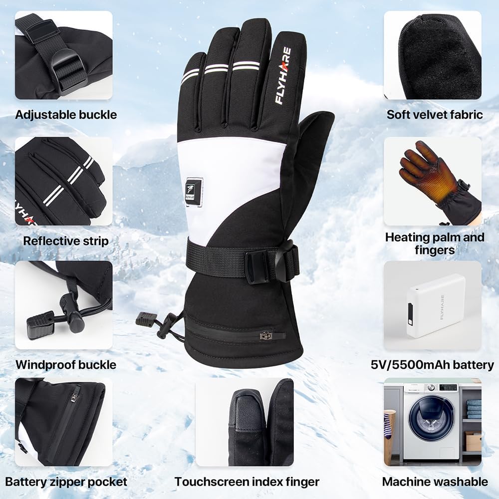 Flyhare Heated Gloves - Rechargeable Electric Winter Gloves for Men & Women, Windproof Waterproof Touchscreen Compatible, 5V USB Heating with 3 Temperature Settings - Perfect for Skiing, Snowboarding & Cold Weather Outdoor Activities