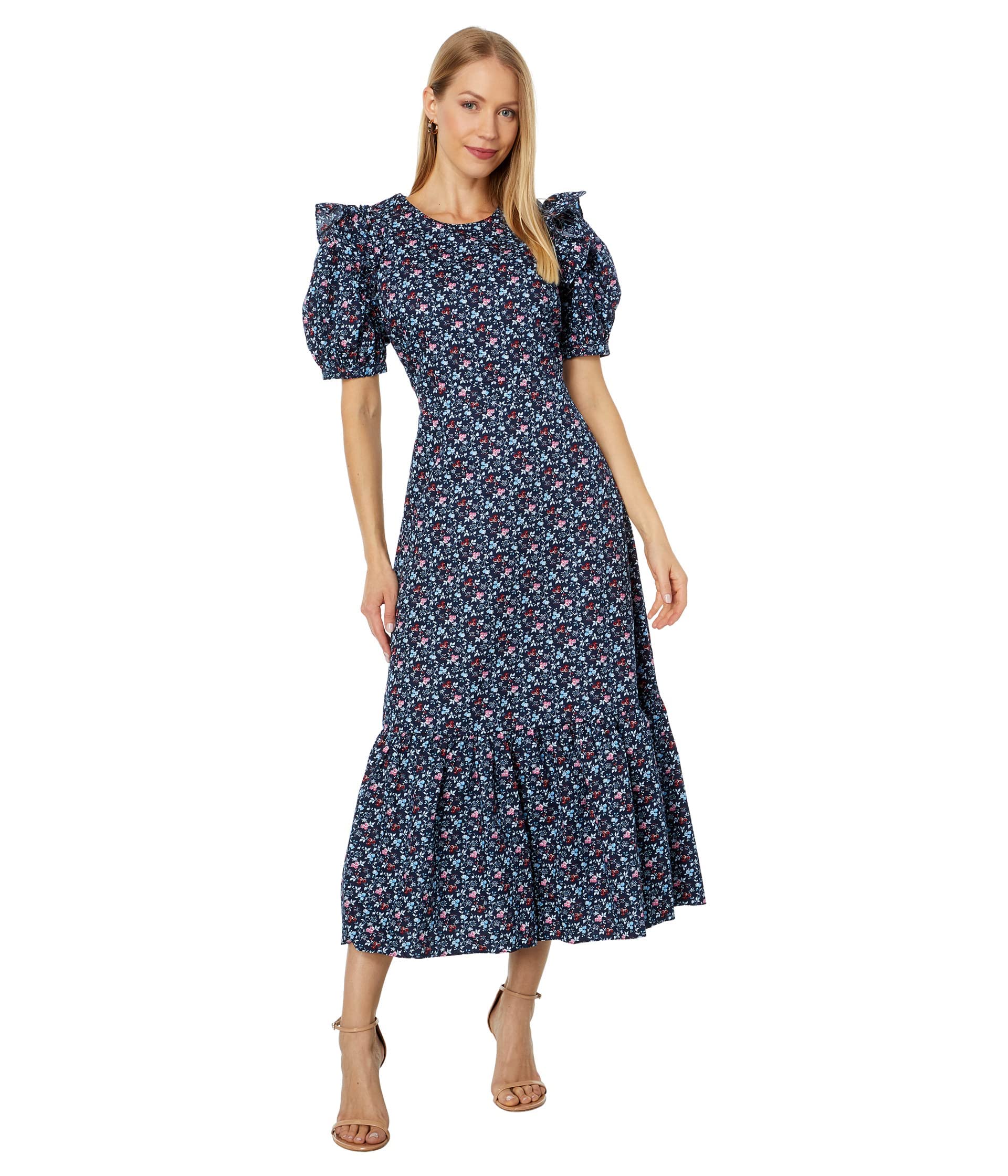 Floral Print Cotton Midi Dress with Open Back - Navy & Multi Color - English Factory - Perfect for Summer Outings, Beach Vacations, and Casual Events