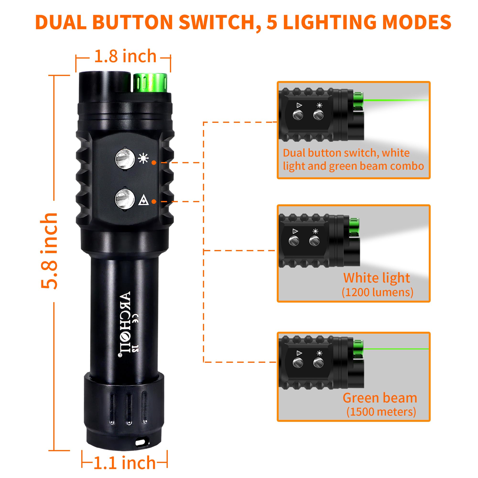 ARCHON J2 Diving Flashlight - 1200 Lumens White Spotlight & 1500m Green Beam Scuba Light | 100m Waterproof 2-in-1 Dive Torch with Dual-Button Switch | Perfect for Night Diving, Cave Exploration & Underwater Photography