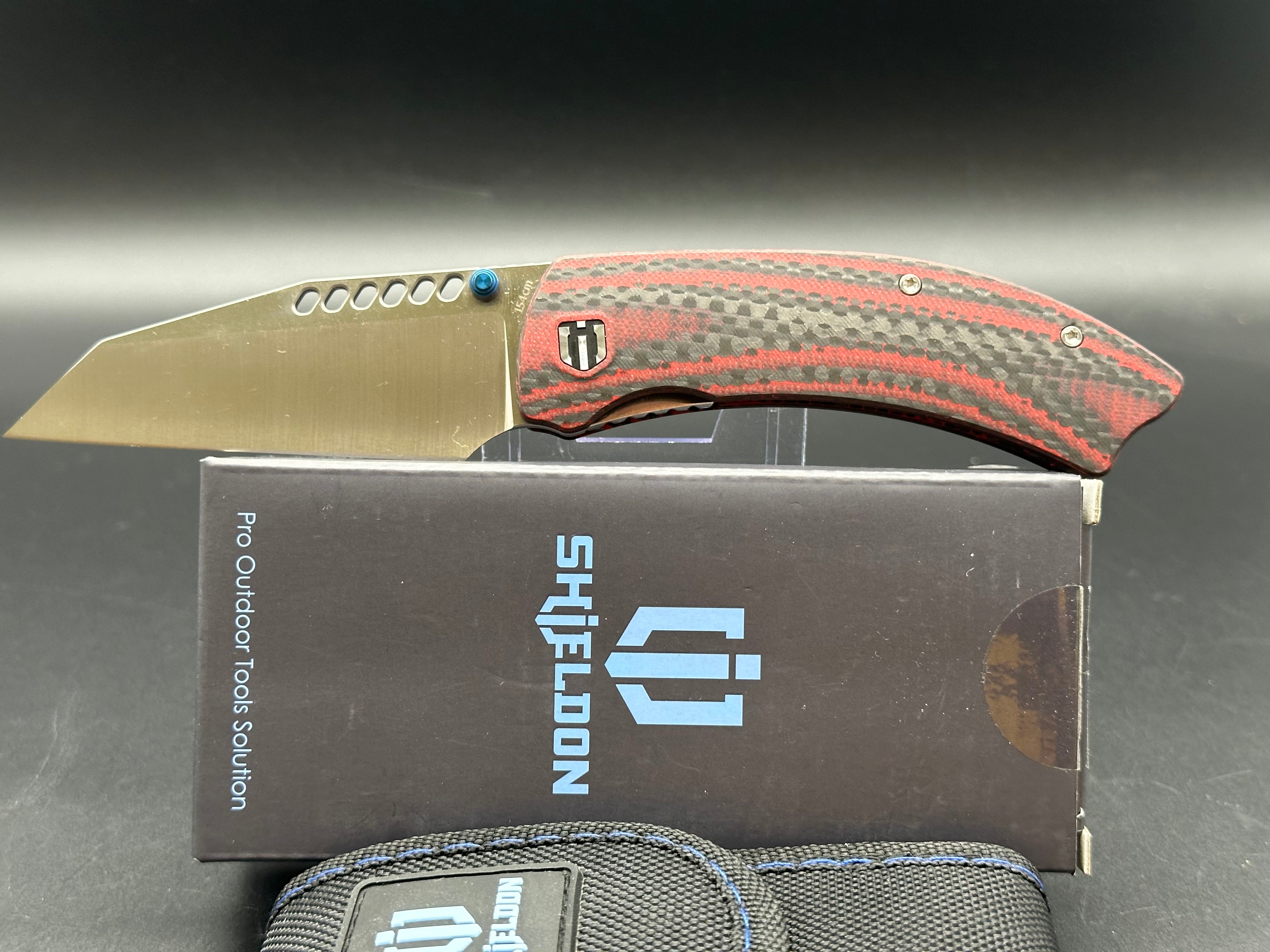 SHIELDON CYBERDASHI Pocket Knife - 154CM Stainless Steel Blade, Black & Red Carbon Fiber Handle - EDC Folding Knife for Camping, Hiking and Outdoor Survival