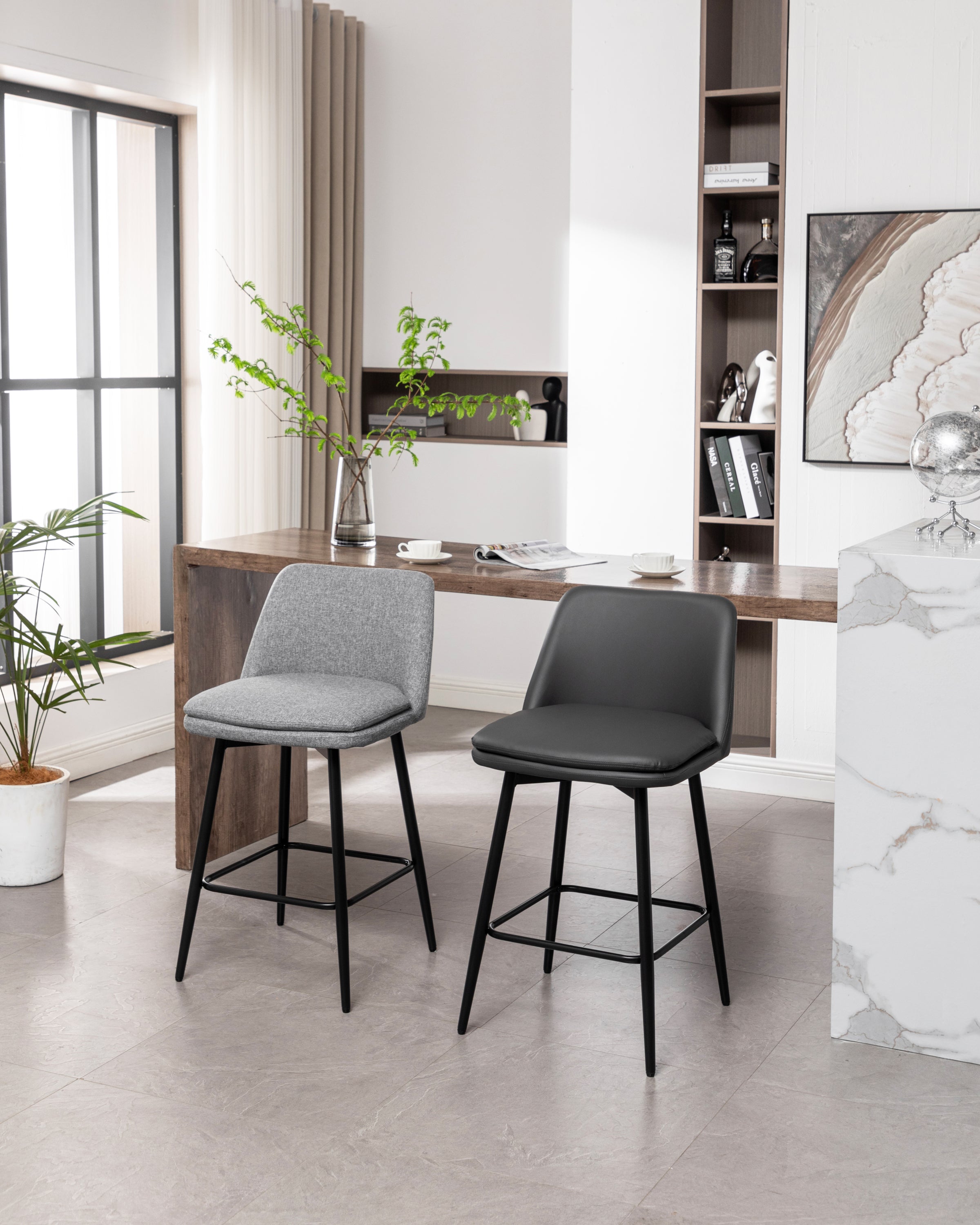 360° Swivel Counter Height Bar Stools Set of 2 - Upholstered with Back Support & Sturdy Metal Legs, 25.6