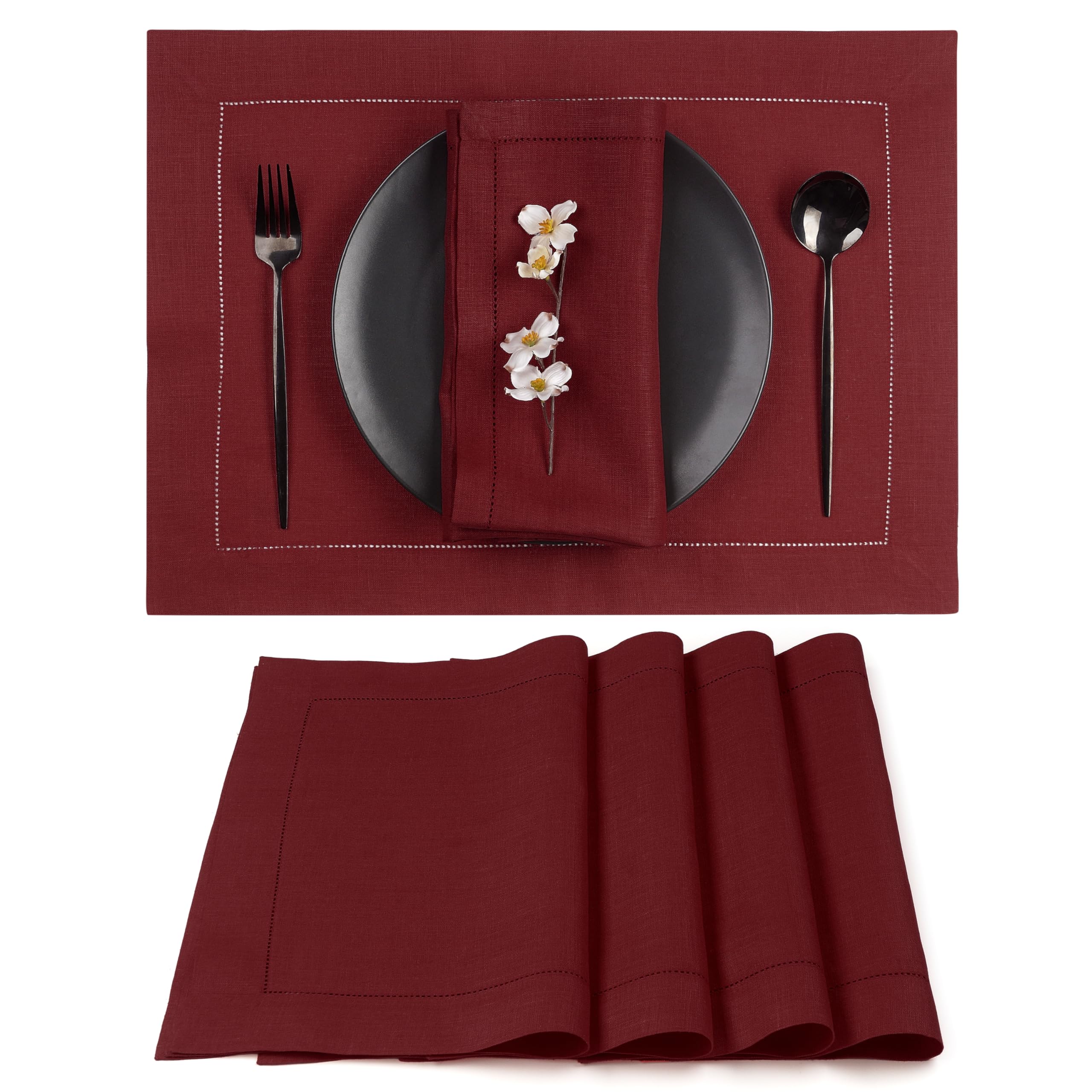 D'Moksha Homes 100% Pure Linen Placemats Set of 4 - Dark Red 14x19 Inch Classic Hemstitch Washable Table Mats for Dining, Kitchen & Spring Decor | Elegant Table Setting for Parties & Everyday Use