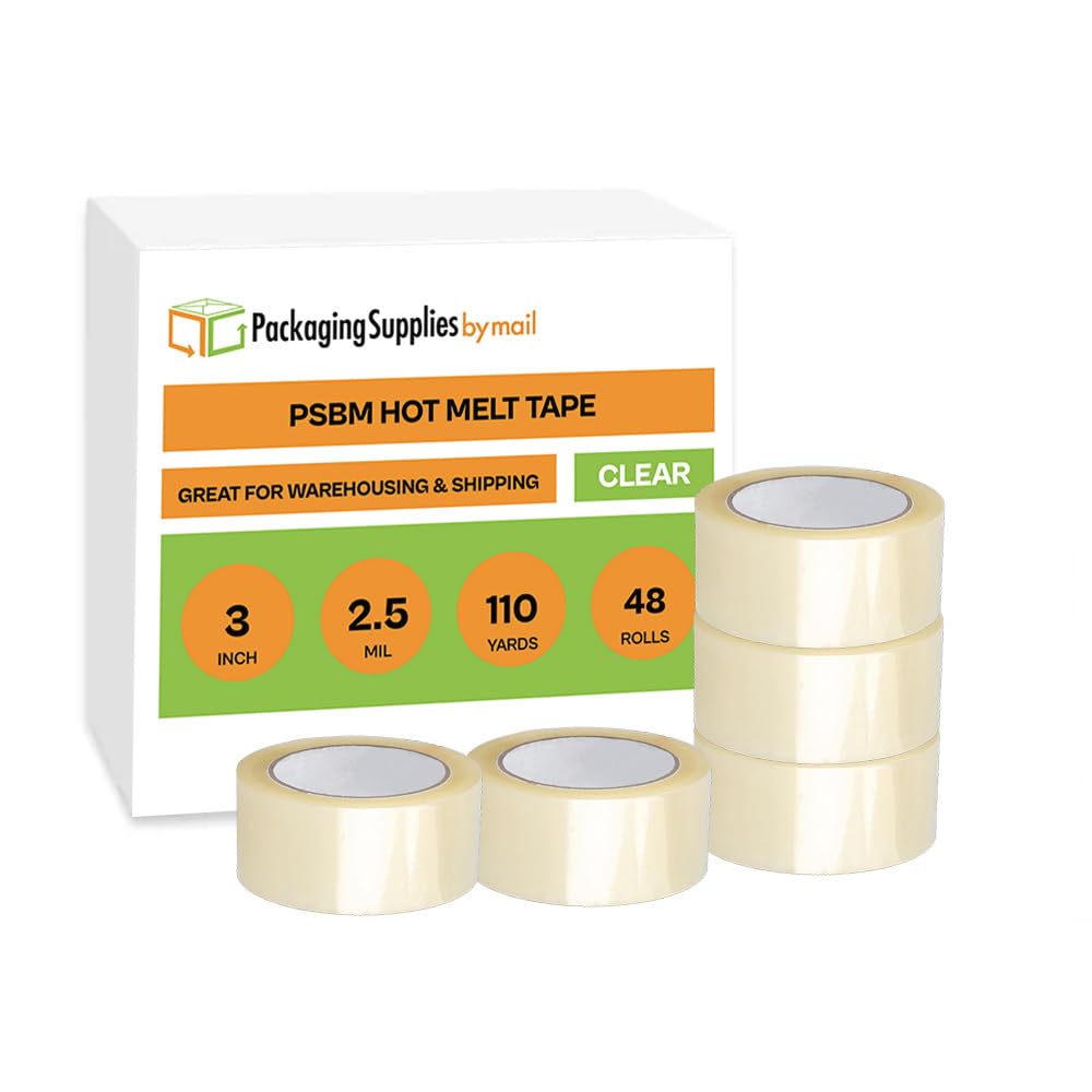 PSBM 3 Inch x 110 Yards Clear Packing Tape - 48 Pack Heavy Duty 2.5 Mil Hot Melt Shipping Tape for Moving Boxes, Packaging, Strapping & Mailing | Secure Sealing for Home, Office & Warehouse Use
