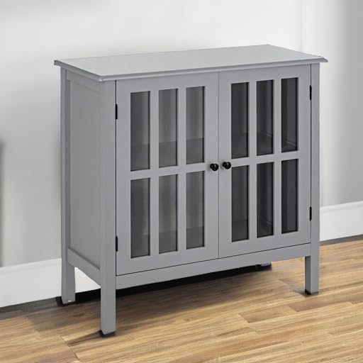 Tangkula Grey Sideboard Buffet Cabinet with 2 Glass Doors - Kitchen Dining Room Storage Cabinet, Liquor Curio Display, Cupboard Console Table for Home Decor & Entertaining