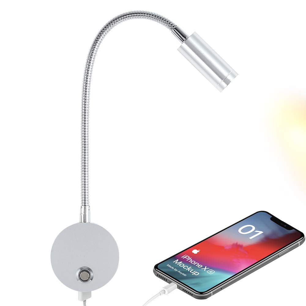 WisHomee Dimmable RV Reading Light with USB Charging Port - 12V DC LED Interior Light for Campers, Vans, Boats & Motorhomes - Flexible Gooseneck Design (Silver) | Perfect for Night Reading, Charging Devices & Cozy Cabin Lighting