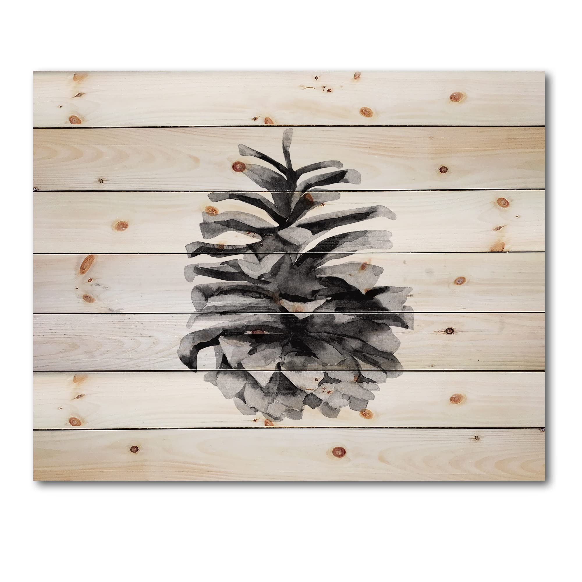 DesignQ Conifer Cone Monochrome Wood Wall Art - Black Traditional Wood Decor, Large Floral Pine Wood Panel for Living Room, Bedroom & Office Decoration