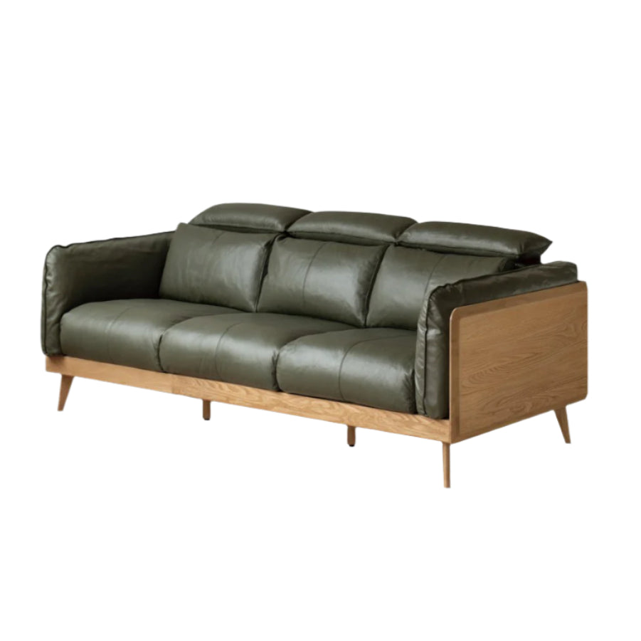 90.9x42.5x33.4 inch / 231x108x85 cm / Natural wood color / small three-seater leather dark green