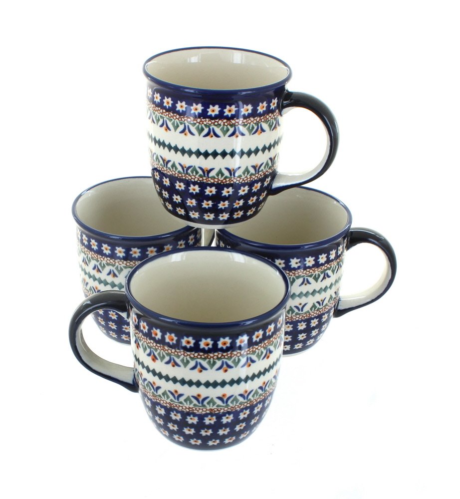 Blue Rose Polish Pottery Daisy 4-Piece Mug Set - Handcrafted Ceramic Coffee Cups for Tea, Hot Chocolate & Breakfast - Perfect for Home, Office & Gift Giving