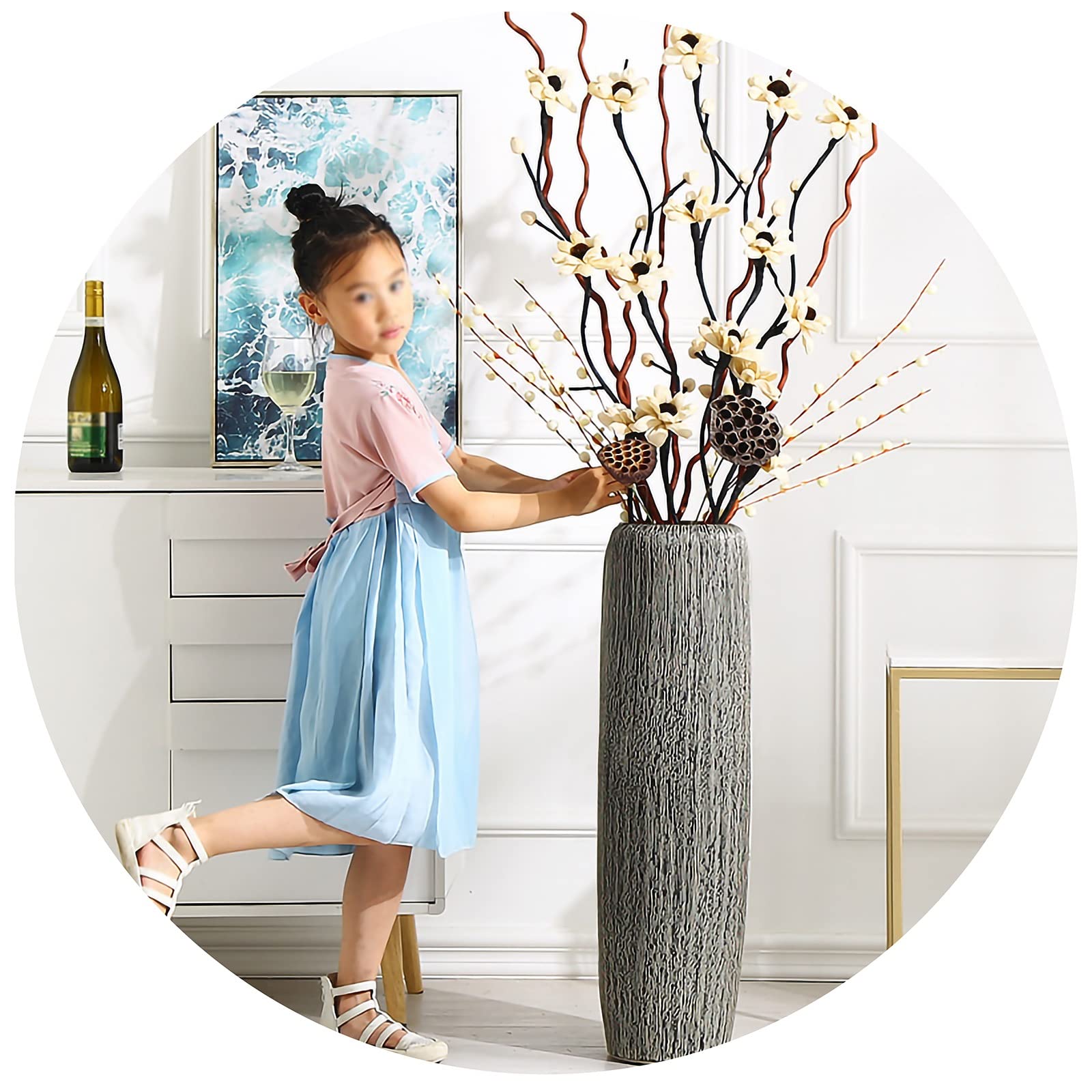 Extra Large Farmhouse Floor Vase - 60cm Tall Rustic Gray Ceramic Vase for Pampas Grass, Dried Flowers & Home Decor - Perfect for Living Room, Porch, Entryway & Wedding Centerpieces