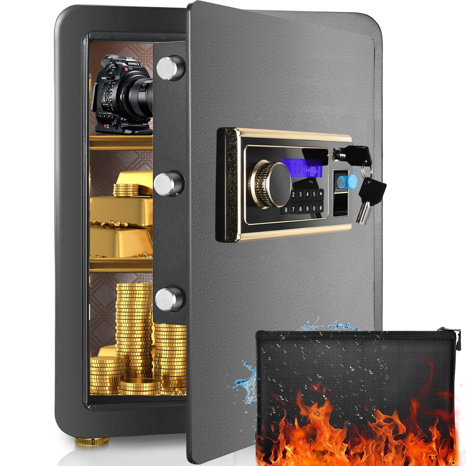 ETE ETMATE Large Biometric Fingerprint Safe Box - Fireproof & Waterproof Security Safe for Home & Office with LCD Screen - 2.05 Series Digital Safe for Money, Jewelry, Guns & Important Documents (US Stock) - Ideal for Home Security, Business Use & Fire Protection