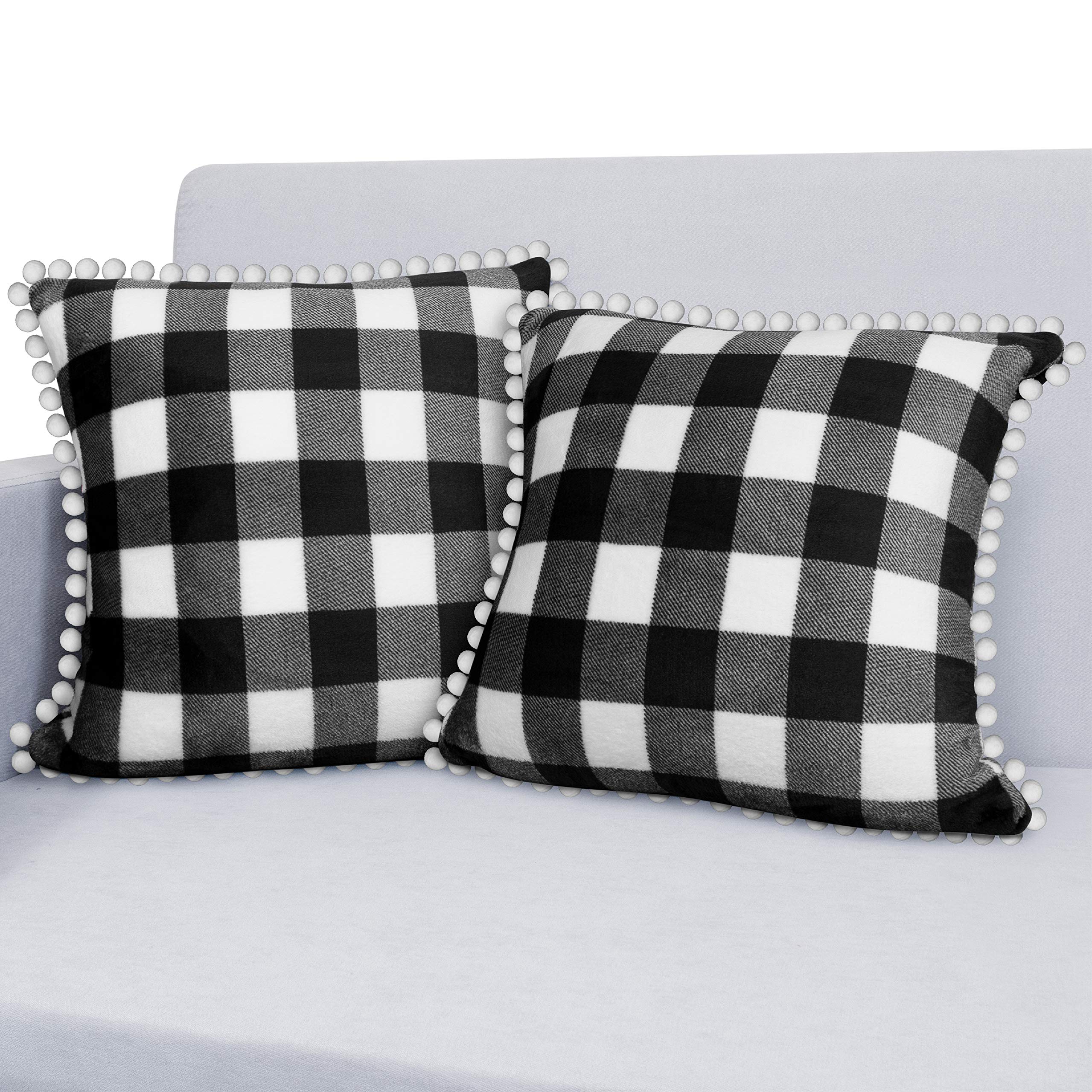 PAVILIA Buffalo Check Black White Plaid Throw Pillow Covers 20x20 Inch - Set of 2 Decorative Velvet Cushion Covers with Pom Pom Trim for Sofa, Couch, Bed - Farmhouse Checkered Fleece Accent Pillow Cases - Perfect for Living Room Decor, Cozy Winter Home & Holiday Gift