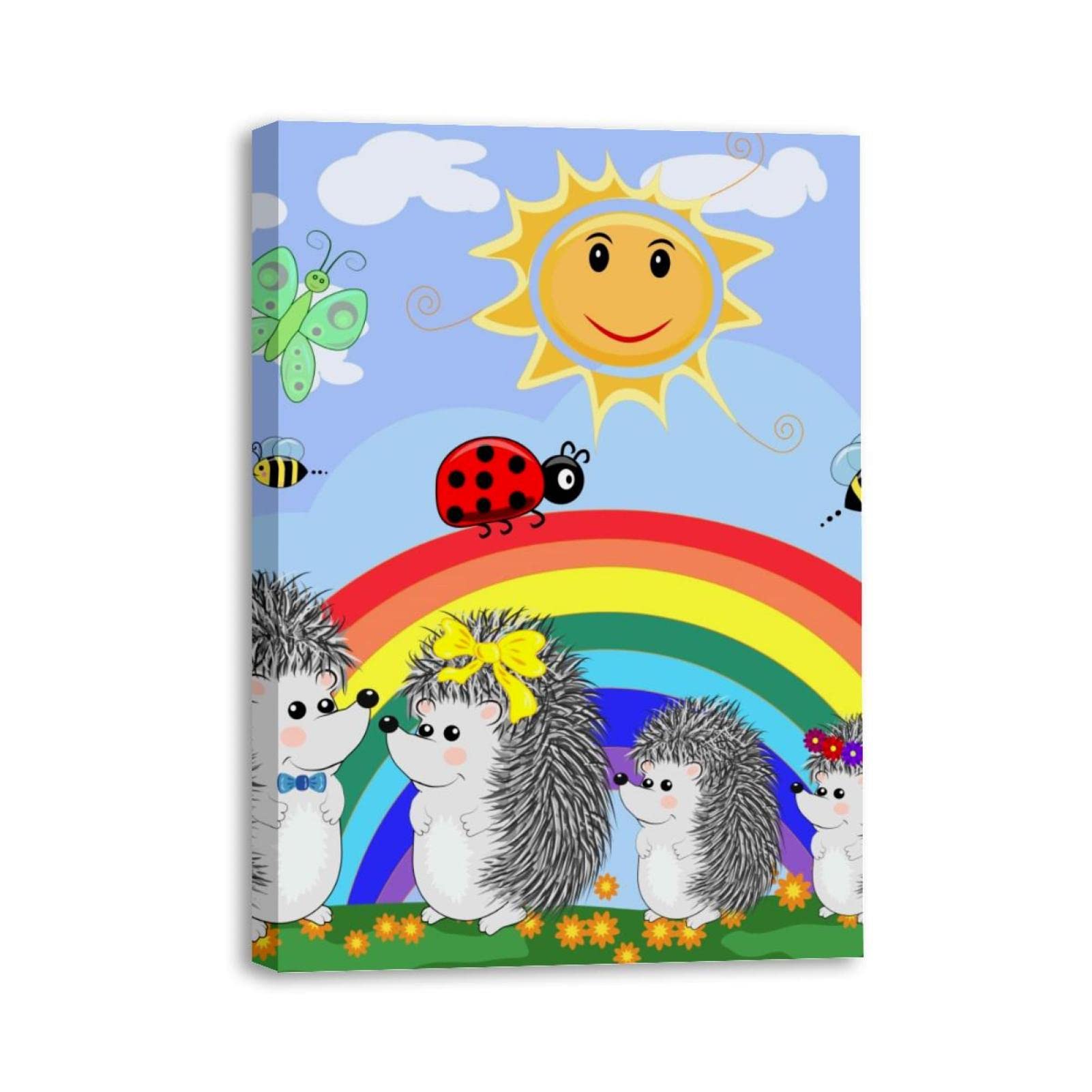 Rainbow Hedgehogs Ladybirds Butterfly Sun Spring Framed Canvas Wall Art - Oil Painting Picture Poster for Living Room, Bedroom, Bathroom & Office Decor | Perfect for Nursery, Kids Room & Spring Home Decoration