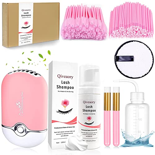 **5.07fl.oz Eyelash Extension Cleanser & Lash Shampoo Kit with Mini USB Fan, Mascara Brush & Reusable Makeup Pads – Gentle Cleaning for Lash Extensions, Perfect for Salons & Home Use**