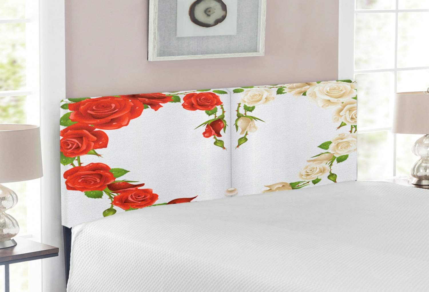 Ambesonne Pearls Upholstered Headboard with Memory Foam - Romantic Rose Heart Bouquet Art Print - Full Size Decorative Metal Bed Frame in Red, White & Green - Perfect for Master Bedroom, Guest Room & Wedding Decor