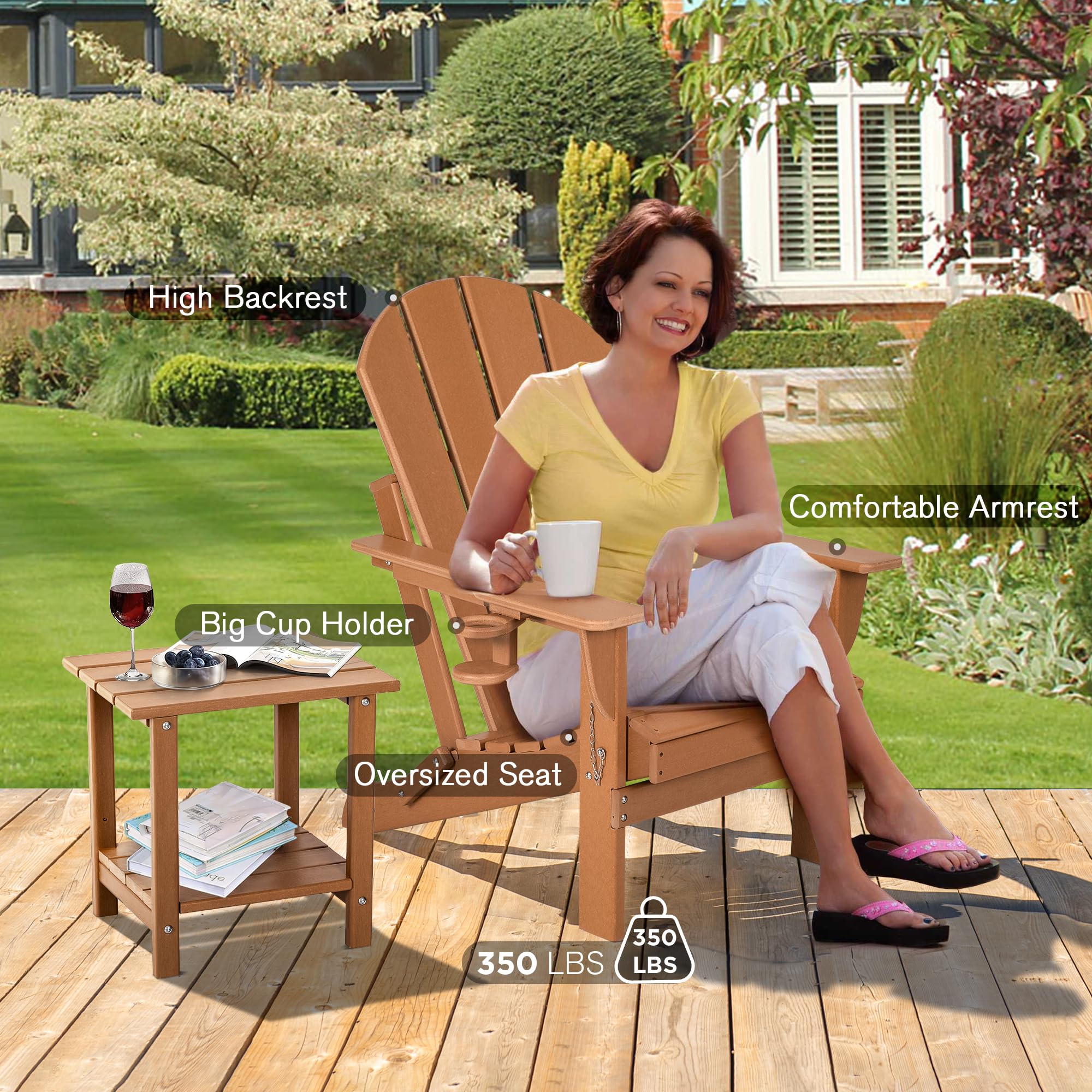 Premium HDPE Plastic Folding Adirondack Chair with Cushion & Cup Holder - Weather-Resistant Oversized Patio Chair for Outdoor, Garden, Deck, Fire Pit & Camping - Comfortable Teak Wood Design for Relaxation & Entertaining