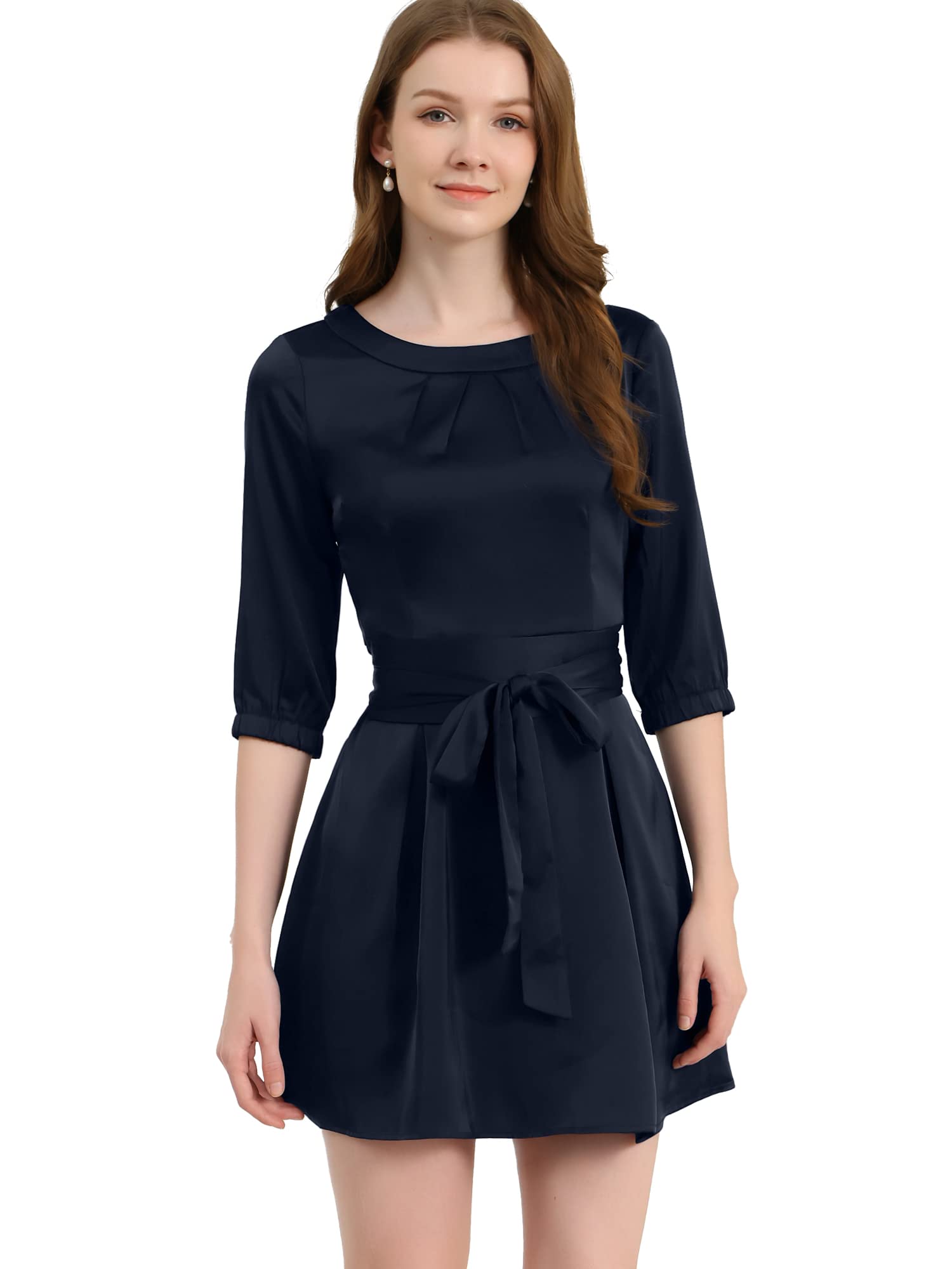 Allegra K Women's Elegant Satin Work Dress with Tie Waist & Pleated Neck - Perfect for Office, Cocktail Parties & Formal Events