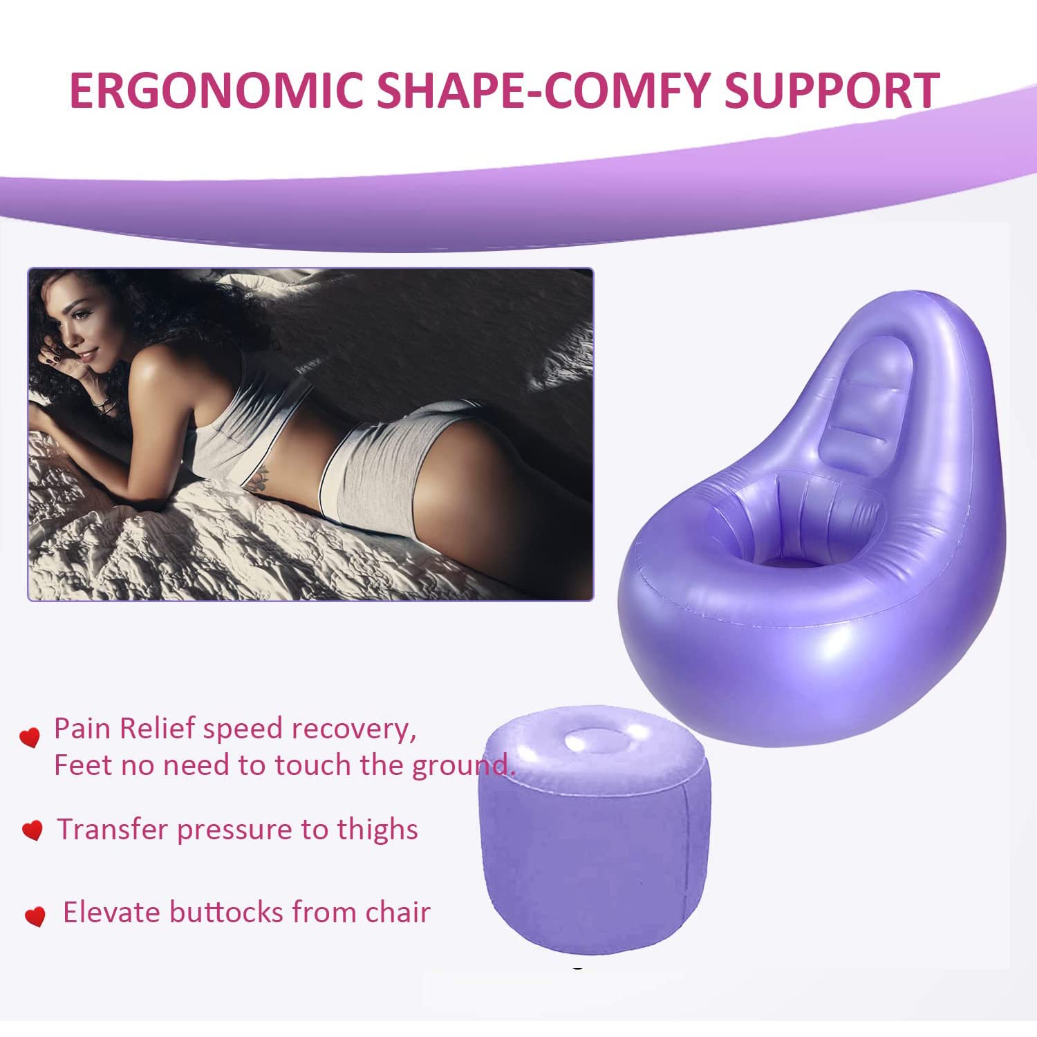 **ThickValley Inflatable BBL Chair with Hole - Post-Surgery Brazilian Butt Lift Recovery Pillow & Ottoman Set, Includes Air Pump (Black) - Perfect for Comfortable Sitting After BBL Surgery**