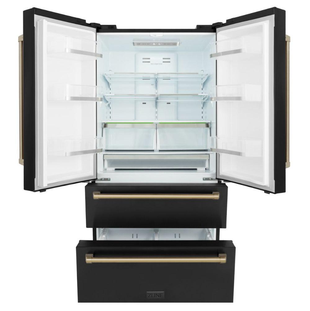 ZLINE Autograph Edition 36 Inch Counter Depth French Door Refrigerator - 22.5 cu.ft Capacity with Ice Maker, Fingerprint Resistant Black Stainless Steel & Champagne Bronze Handles (RFMZ 36 BS CB) - Perfect for Modern Kitchens, Open Concept Homes & Gourmet Cooking Spaces