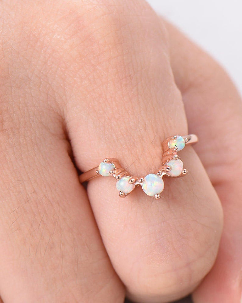 Art Deco 14K Rose Gold Opal Wedding Band - Stackable Curved Bridal Ring Set, Promise Ring for Women, Anniversary Gift for Her - Perfect for Engagement, Wedding, Stacking & Special Occasions