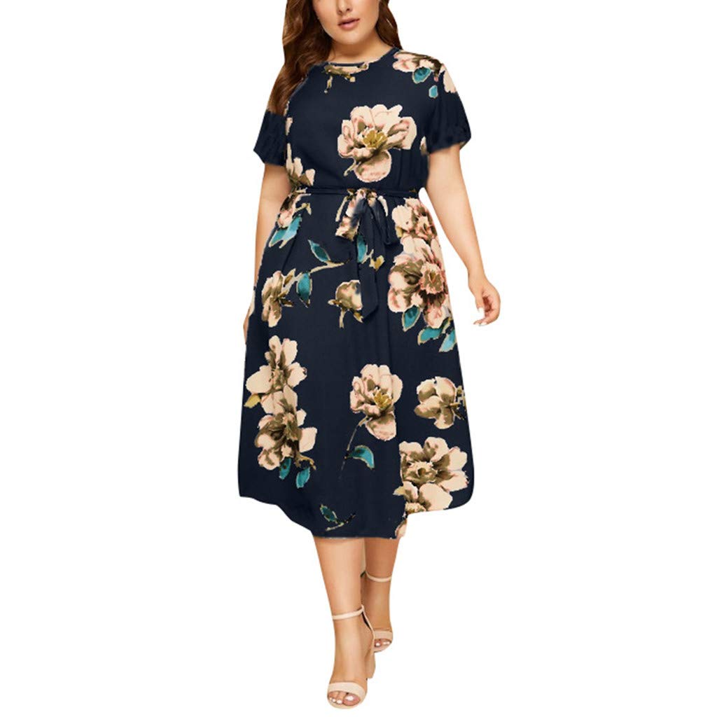 Ulanda Plus Size Casual Short Sleeve Chiffon Floral Dress with Belt for Women - Perfect for Summer Outfits, Beach Vacations & Special Occasions