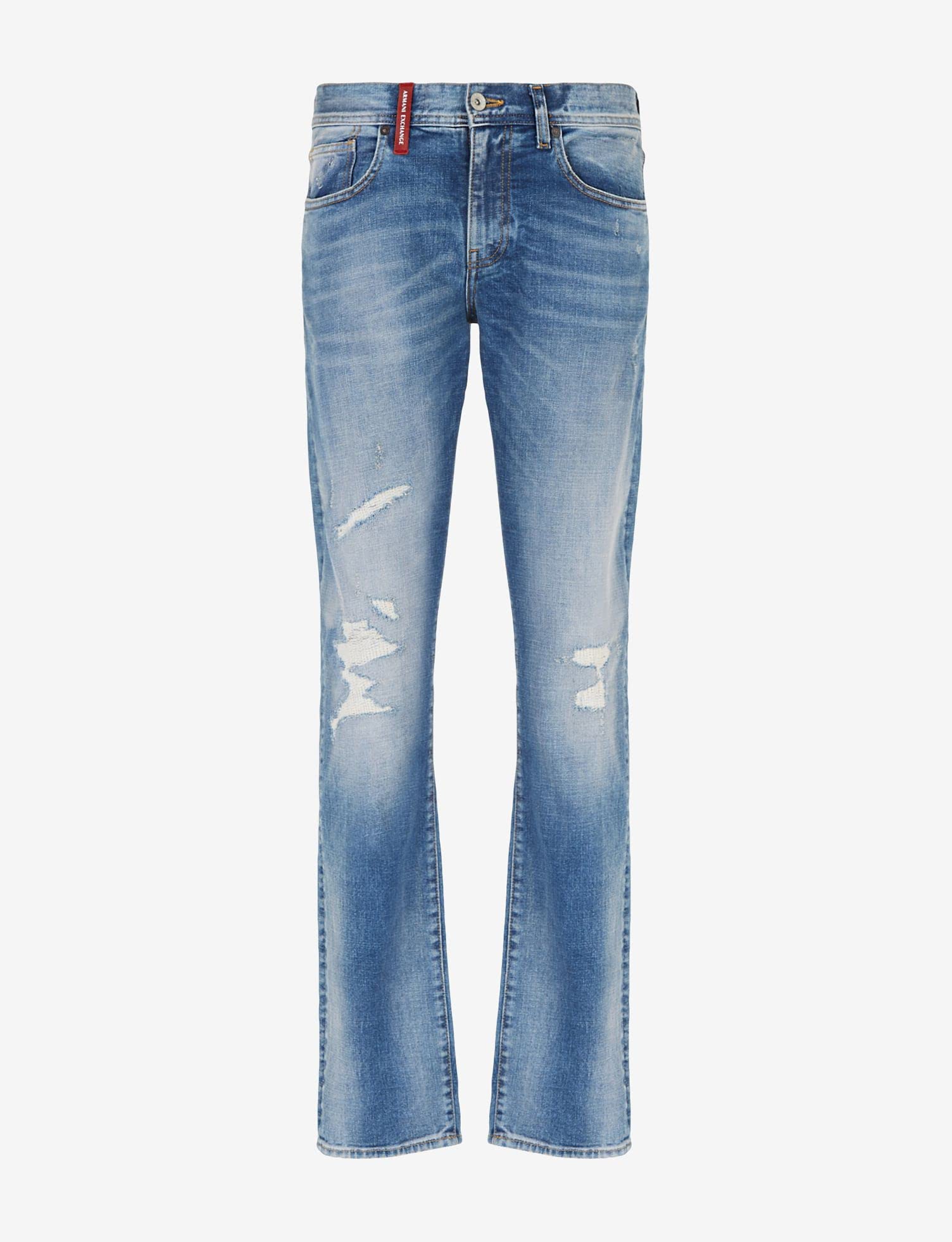 Armani Exchange Men's Slim Fit Medium Wash Denim Jeans with Patch & Repair Details | Casual Wear & Night Out Outfits