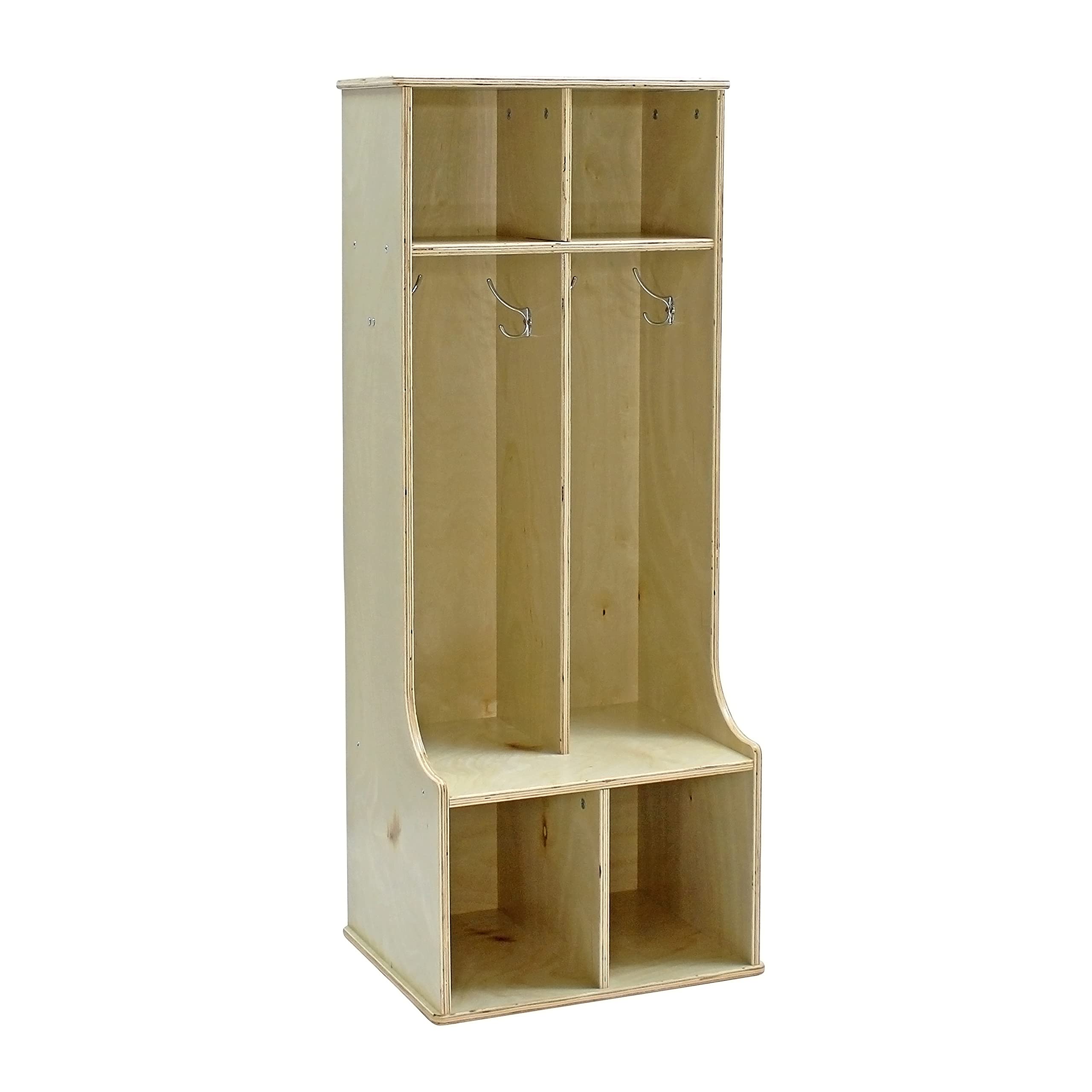 Factory Direct Partners 13138-NT Natural Birch 2-Section Coat Locker with Bench, Storage Cubbies & Hooks - School, Office, Gym Entryway Organization Solution