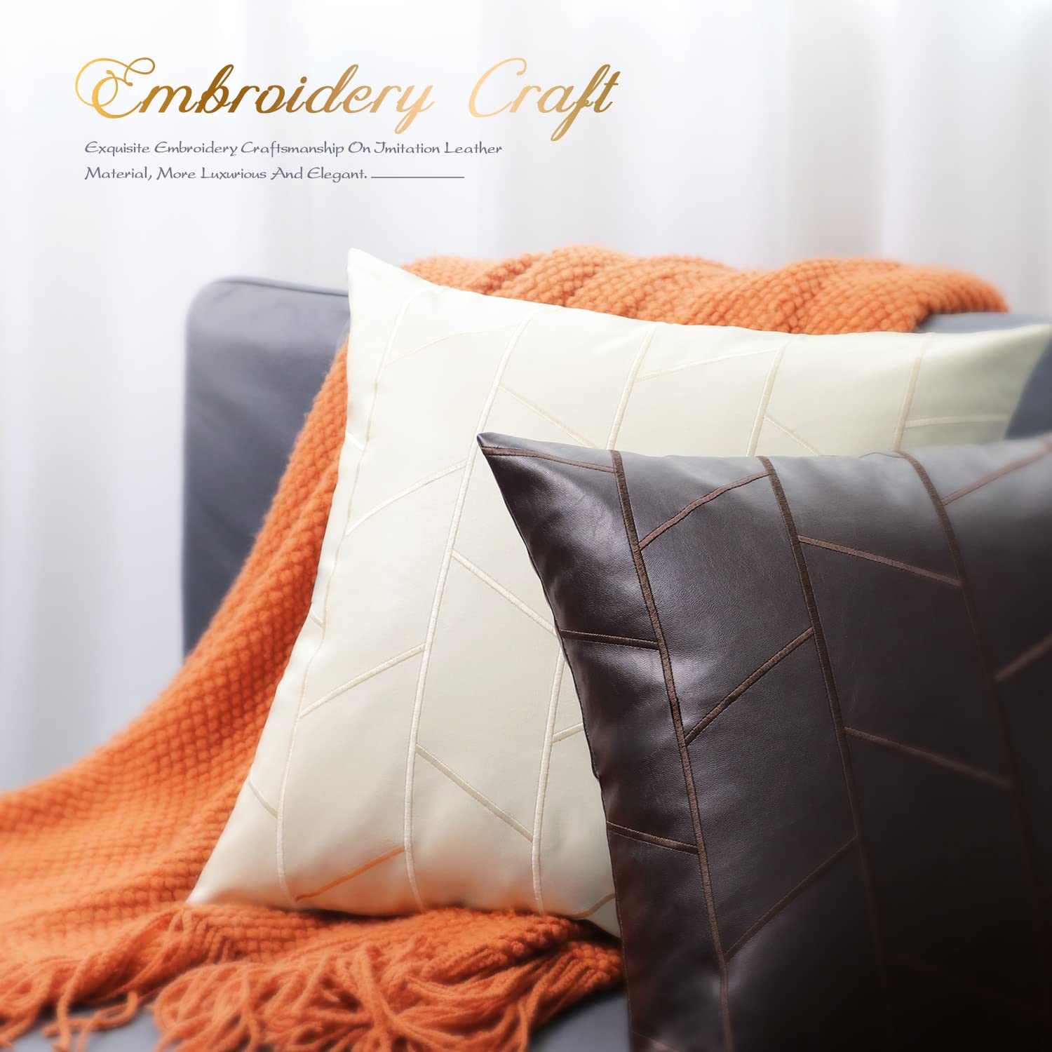 BRAWARM 16x16 Inch Faux Leather Pillow Covers - Pack of 2, Cream Geometric Embroidery Decorative Throw Pillows for Living Room, Couch, Bed & Sofa - Perfect for Home Decor, Farmhouse Style & Cozy Interior Design